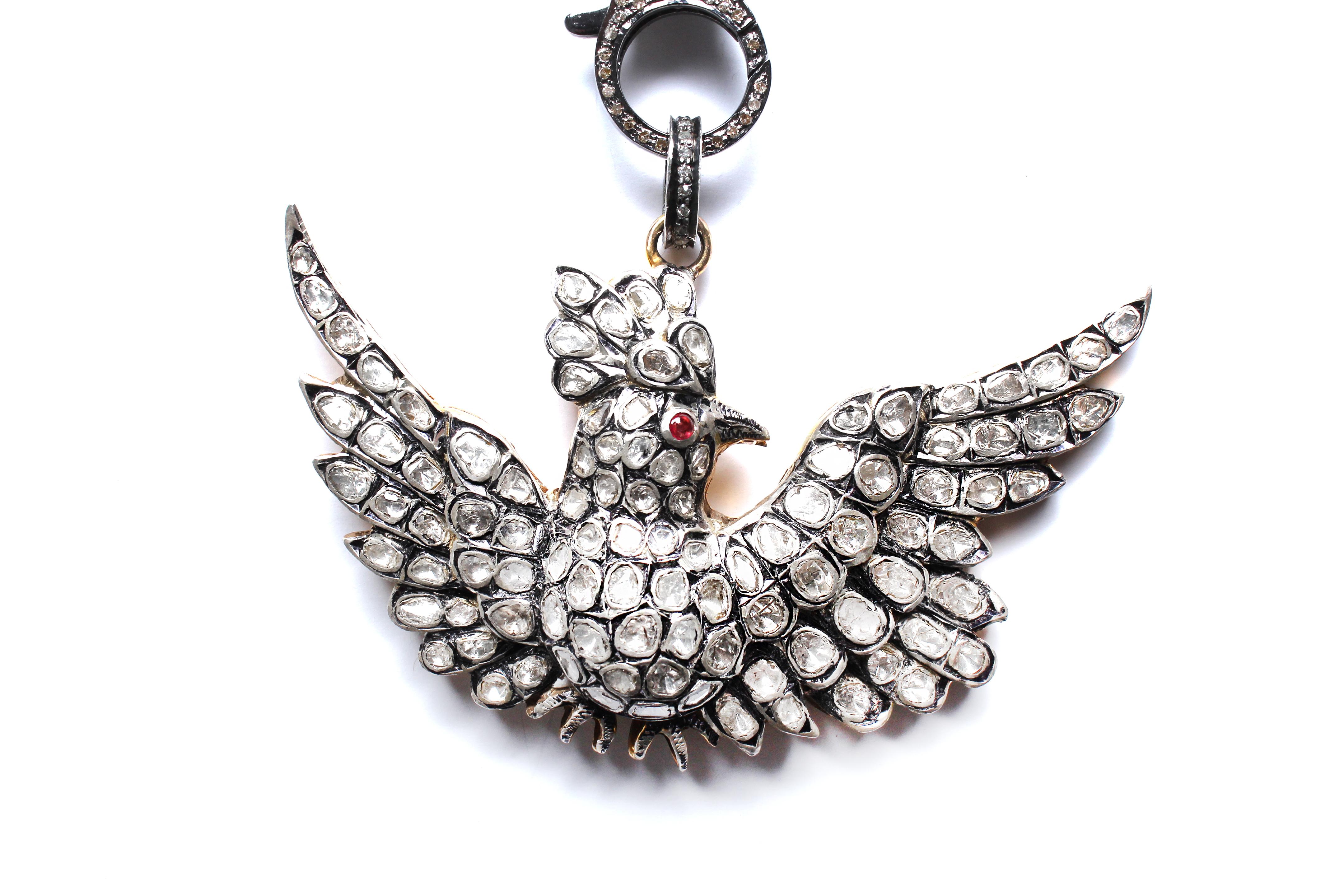 Contemporary Clarissa Bronfman Moonstone Rose Cut Diamond Ruby Cardinal Pendant Necklace