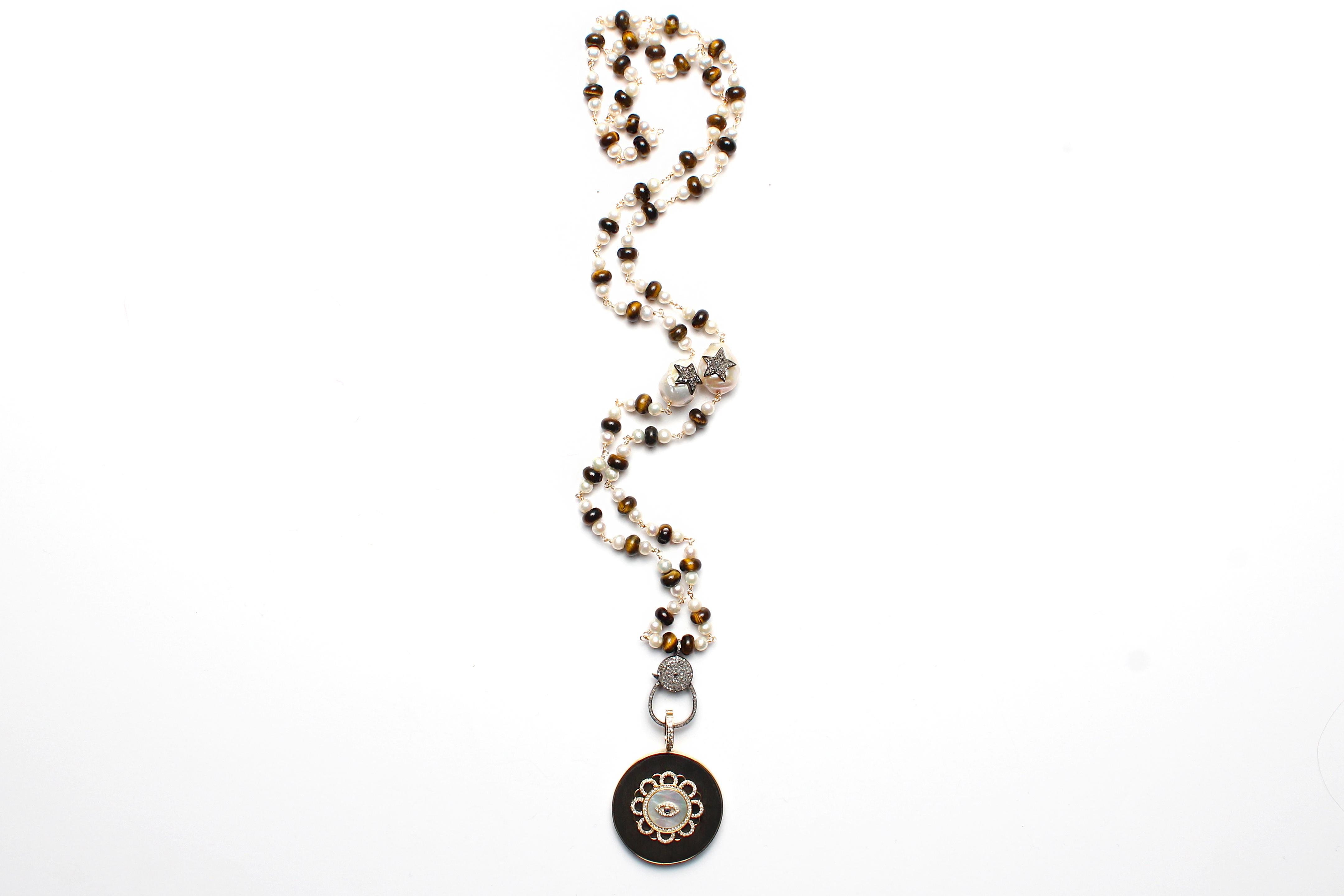 Women's or Men's Clarissa Bronfman Mother of Pearl Ebony, Gold Pendant & Pearl Tiger's Eye Rosary For Sale