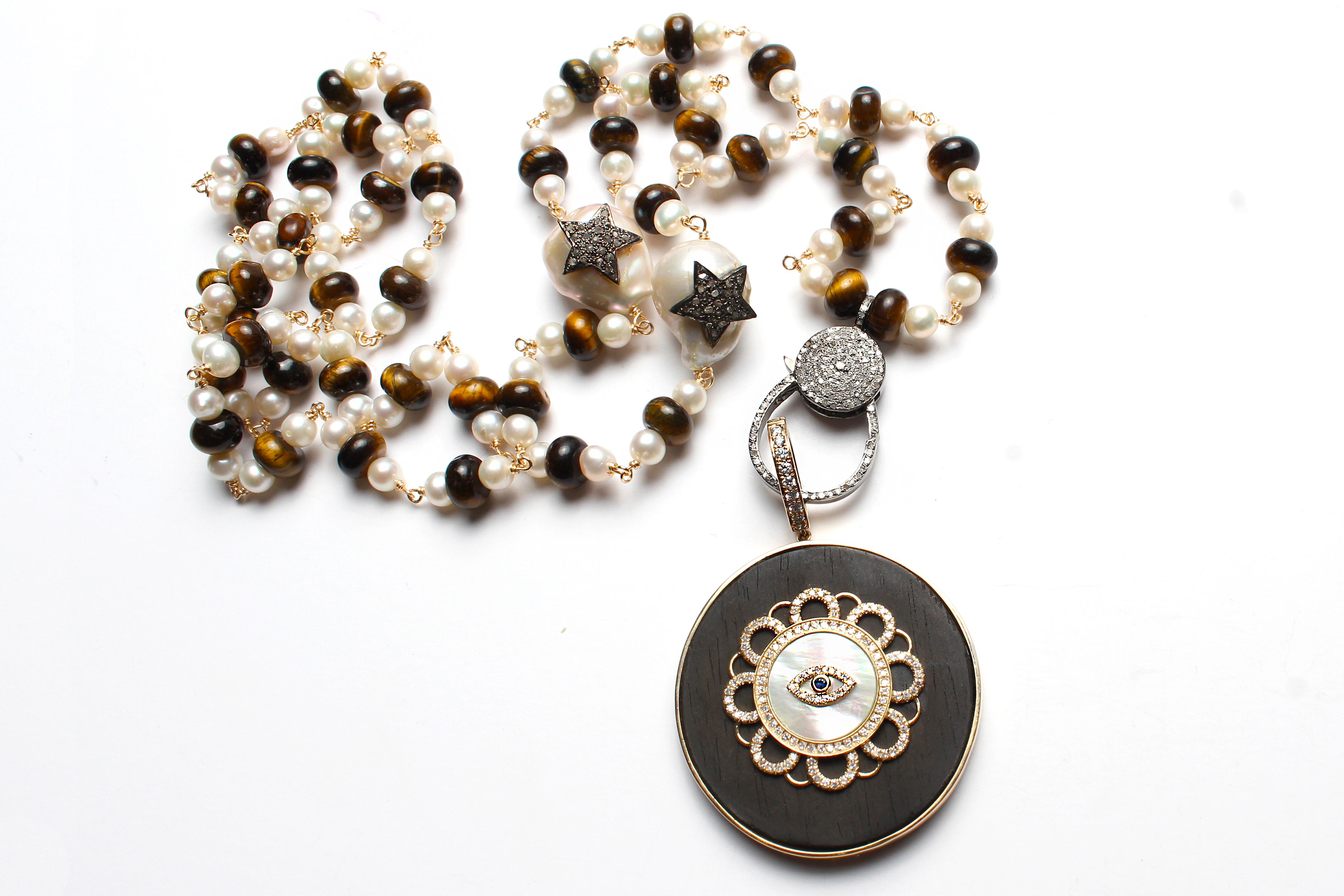 Clarissa Bronfman Mother of Pearl Ebony, Gold Pendant & Pearl Tiger's Eye Rosary For Sale 2