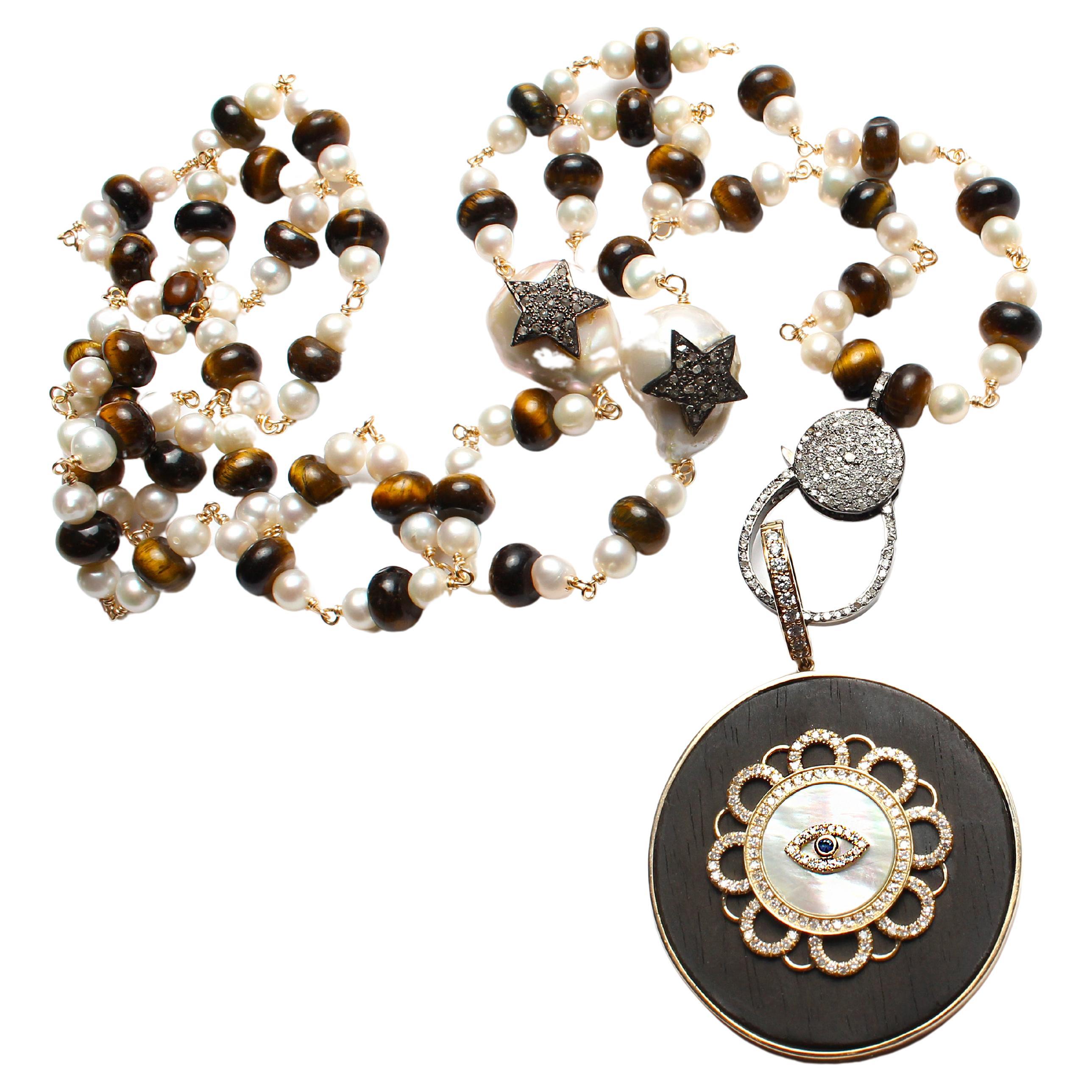 Clarissa Bronfman Mother of Pearl Ebony, Gold Pendant & Pearl Tiger's Eye Rosary For Sale