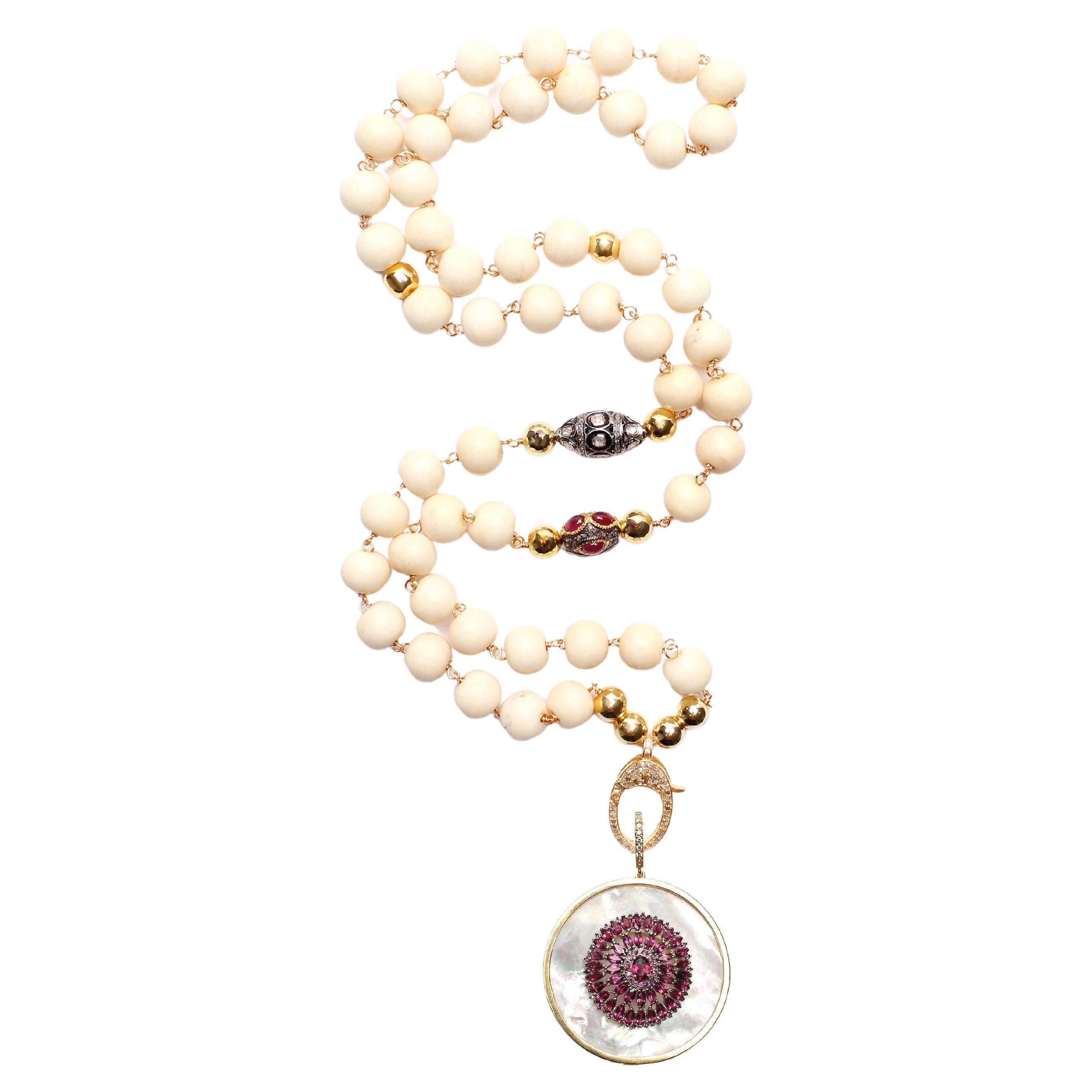 CLARISSA BRONFMAN Mother Of Pearl Gold Garnet Pendant & Ruby Diamond Bone Rosary For Sale