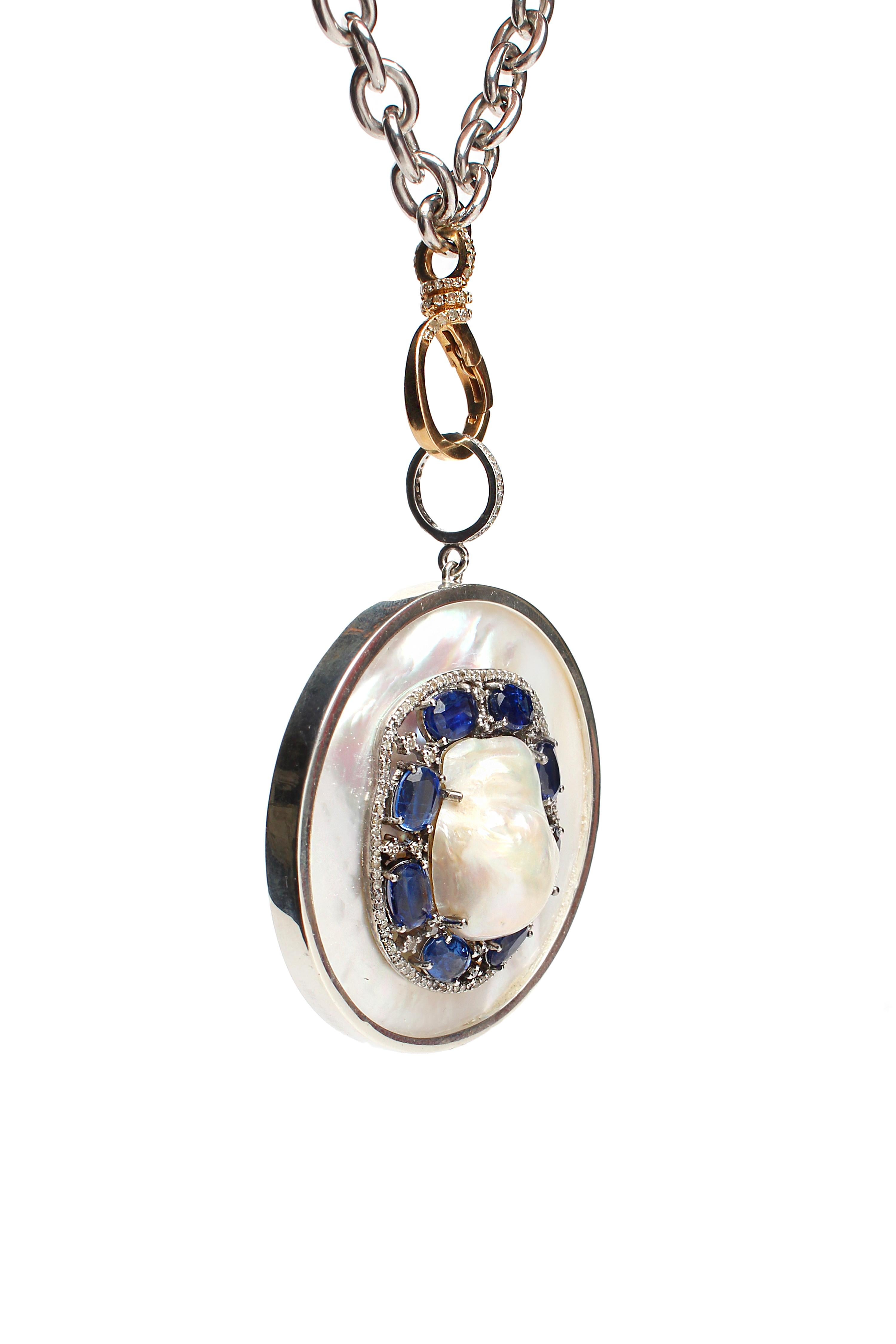 Contemporary CLARISSA BRONFMAN Mother Of Pearl Sapphire Pearl Diamond Sterling Silver Pendant For Sale