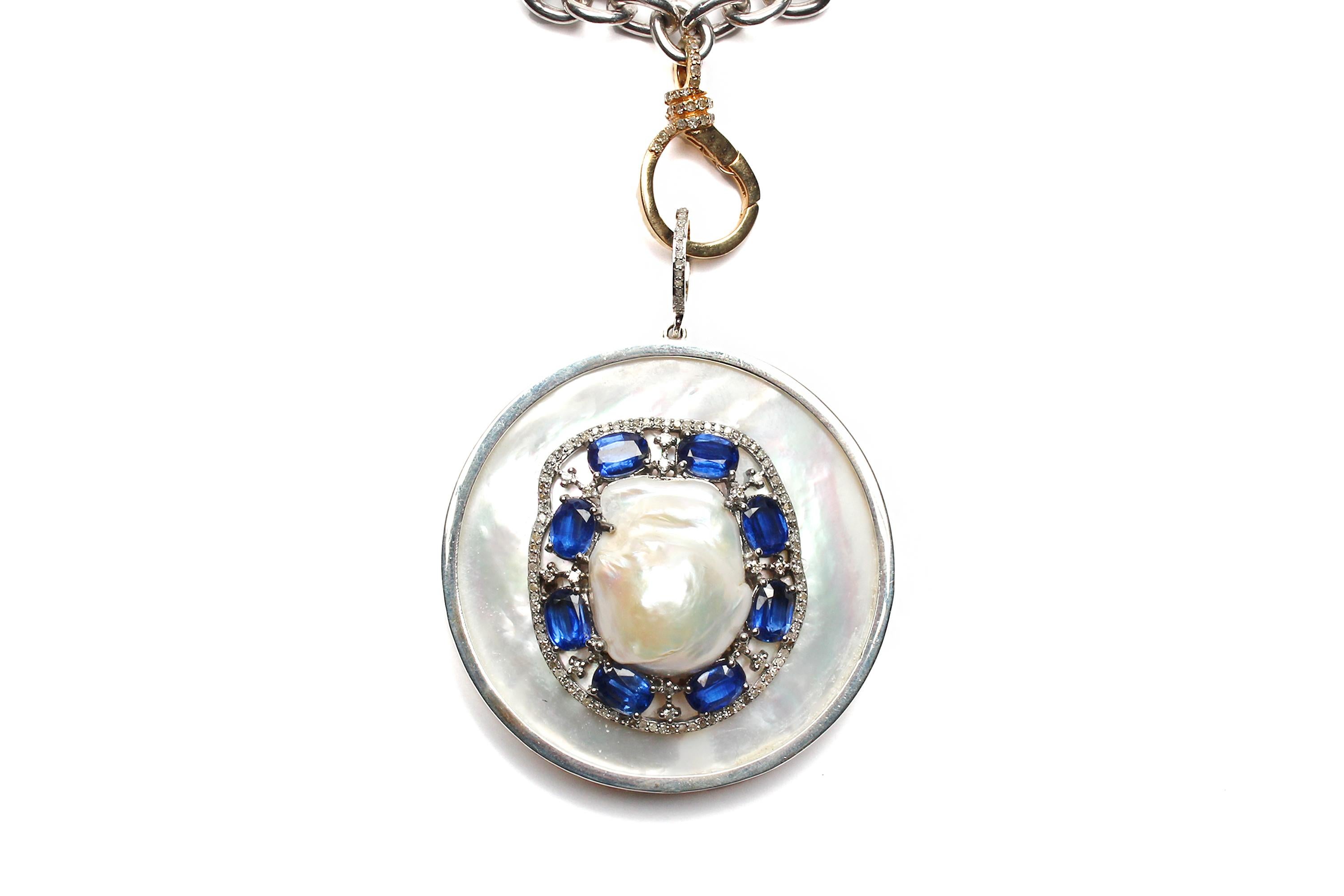 CLARISSA BRONFMAN Mother Of Pearl Sapphire Pearl Diamond Sterling Silver Pendant For Sale 1