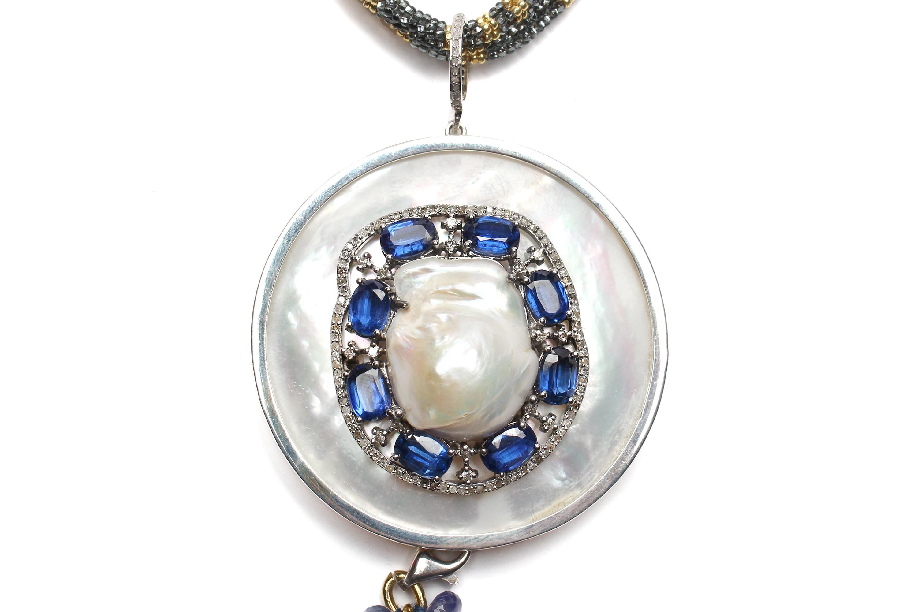 CLARISSA BRONFMAN Mother Of Pearl Sapphire Pearl Diamond Sterling Silver Pendant For Sale 2