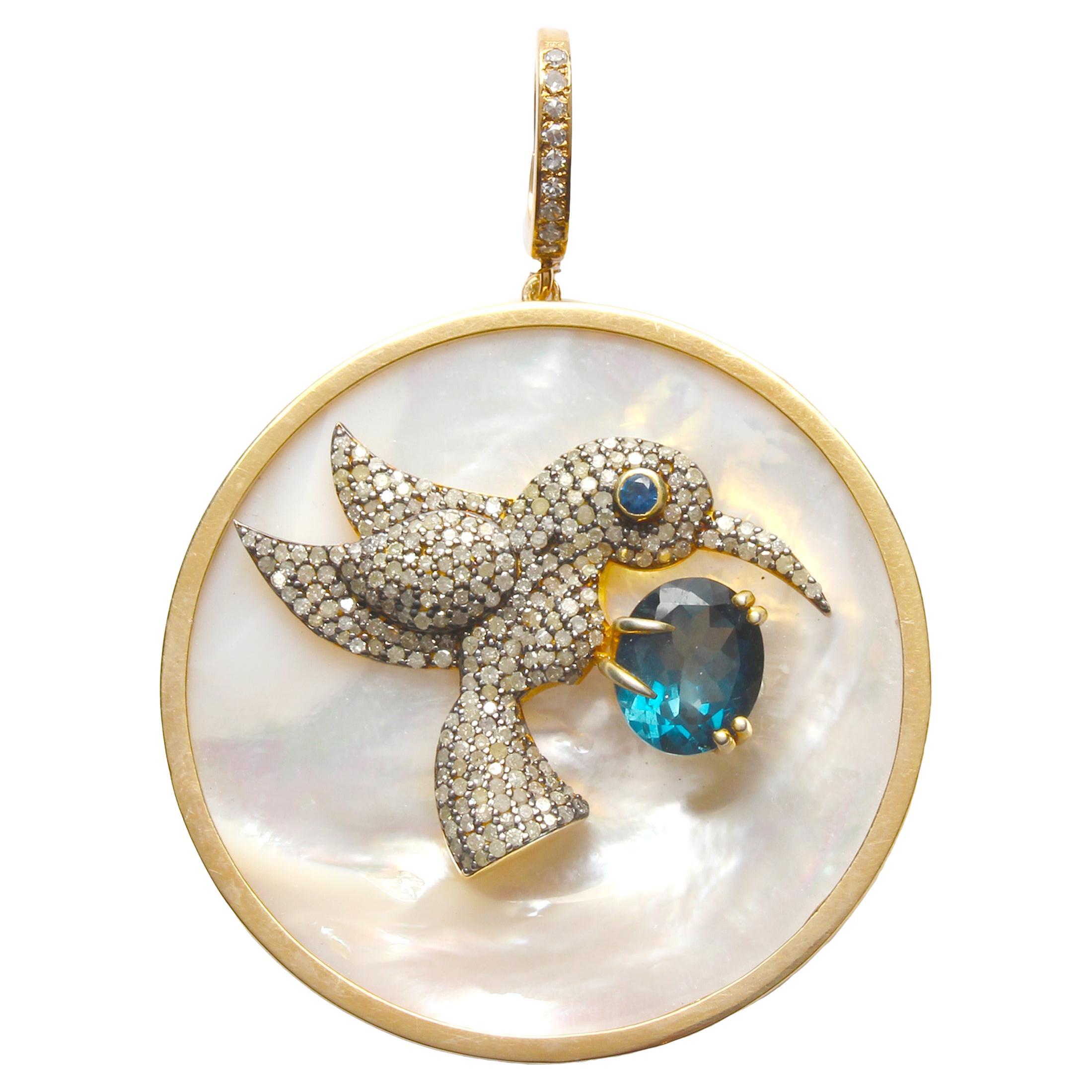 Clarissa Bronfman Ciondolo Madreperla Topazio Blu Oro Diamante Colibrì
