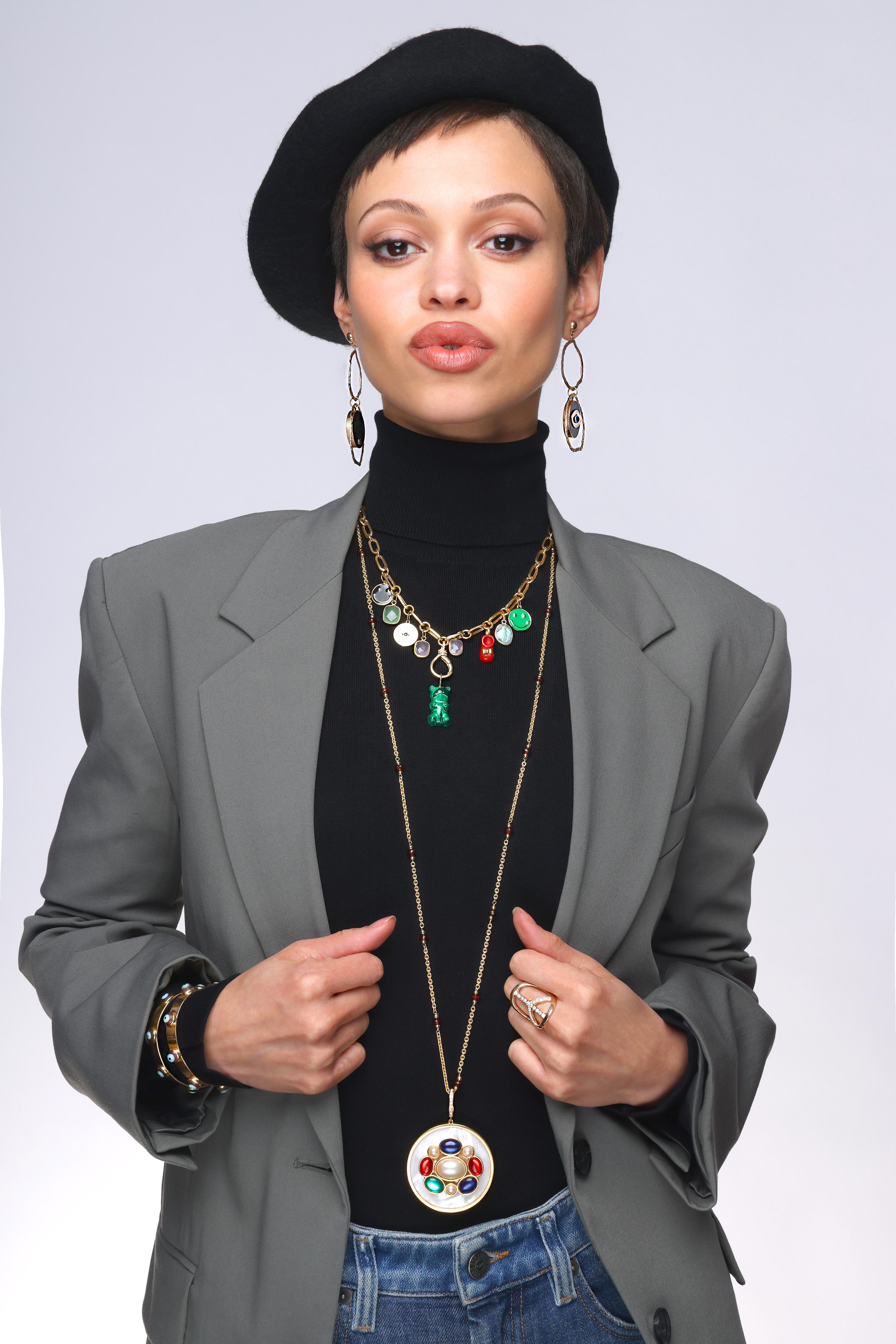 Clarissa Bronfman Multi Color Charm Paper Clip Gold Necklace &Enamel Polki Heart For Sale 2