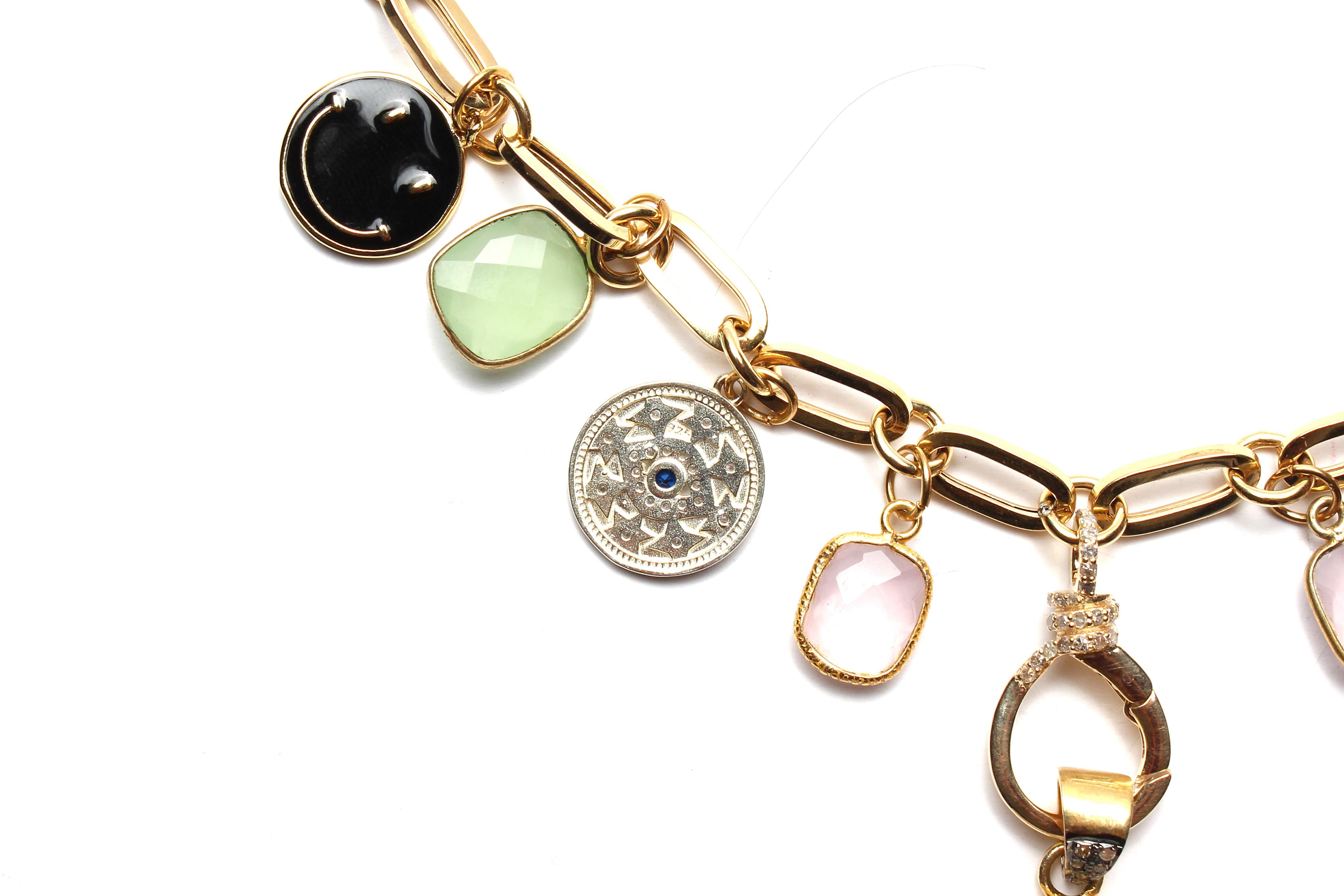 Clarissa Bronfman Multi Color Charm Paper Clip Gold Necklace &Enamel Polki Heart For Sale 3