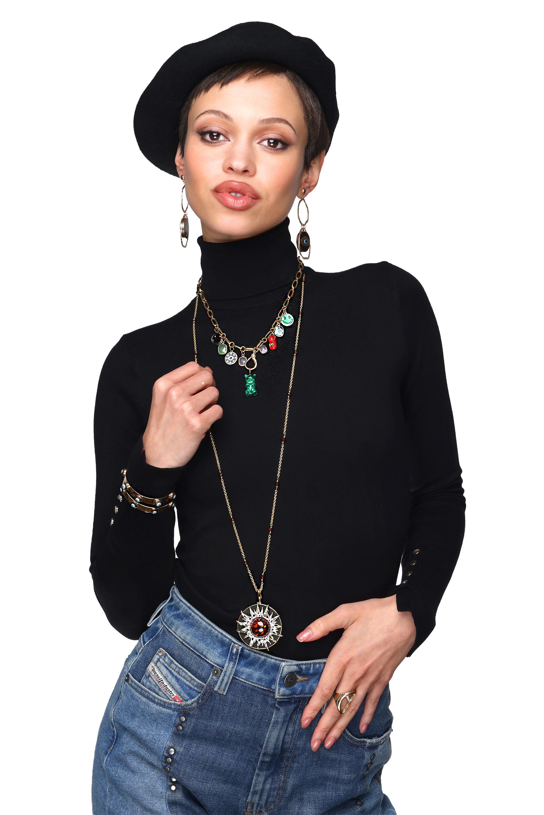 Women's or Men's Clarissa Bronfman Multi Color Charm Paper Clip Gold Necklace &Enamel Polki Heart For Sale