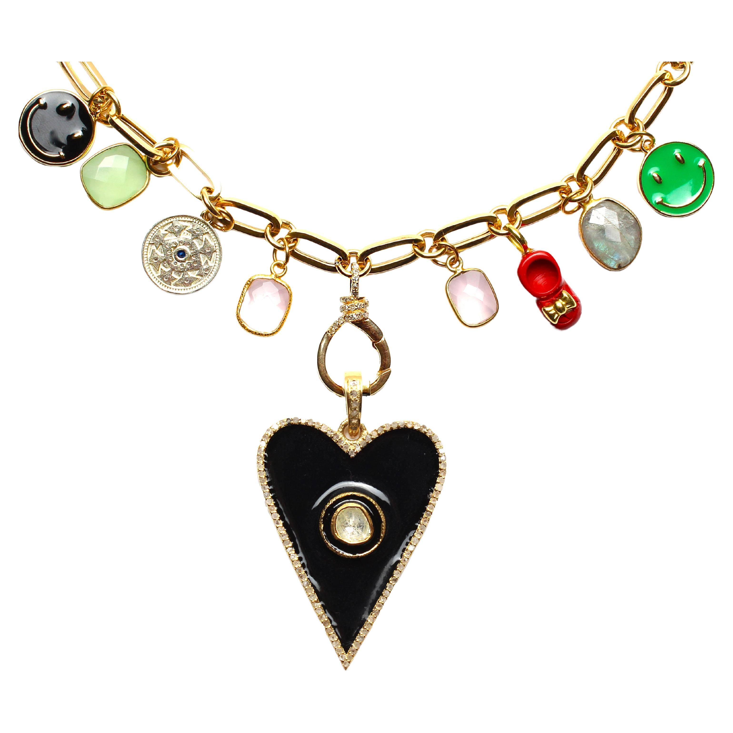 Clarissa Bronfman Multi Color Charm Paper Clip Gold Necklace &Enamel Polki Heart For Sale