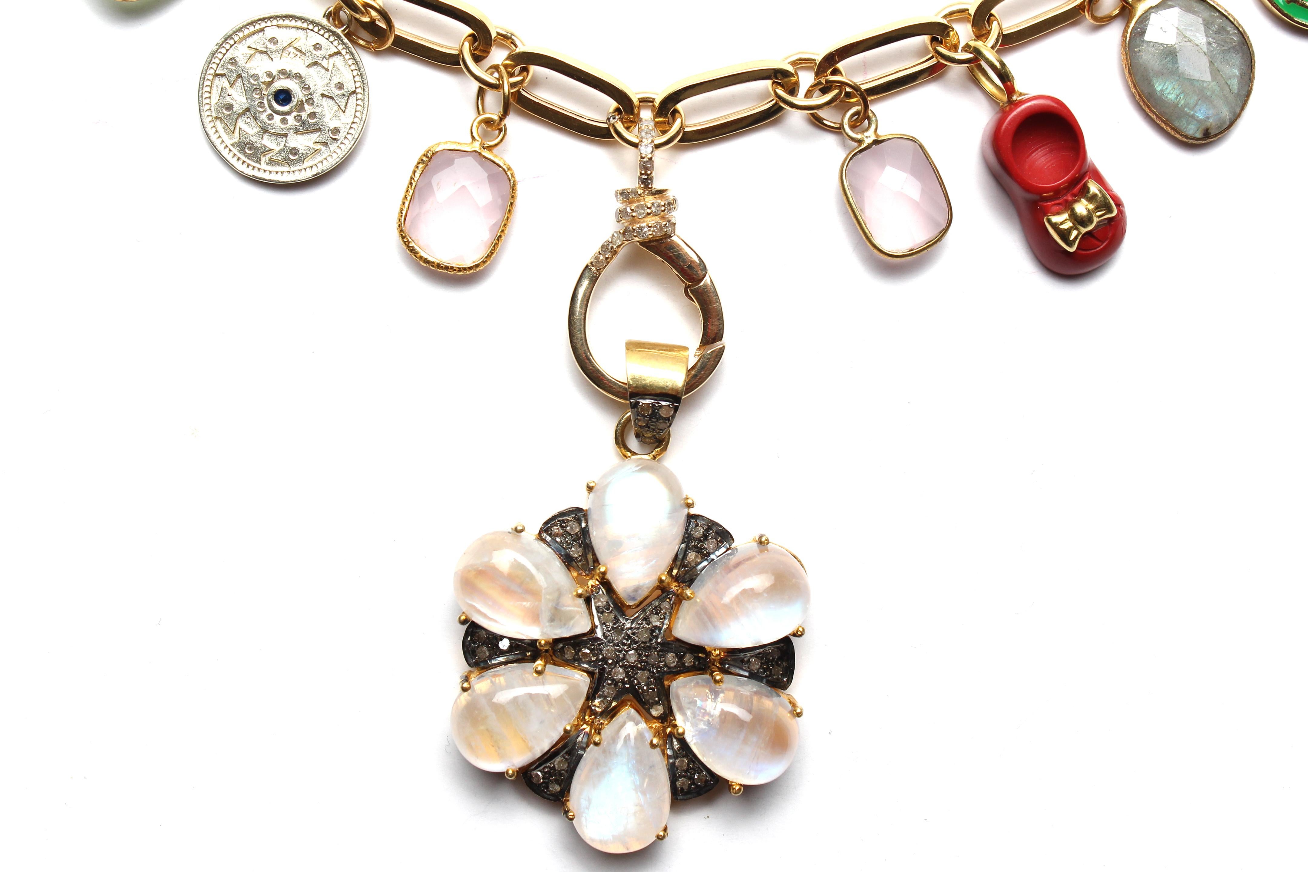 CLARISSA BRONFMAN Multi Color Charm Paper Clip Gold Necklace & Moonstone Flower  For Sale 2