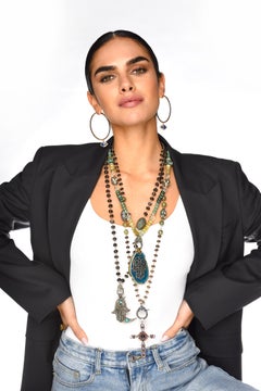 CLARISSA BRONFMAN Multi Jade Moonstone Agate Opal Beaded Necklace & Diamond Horn
