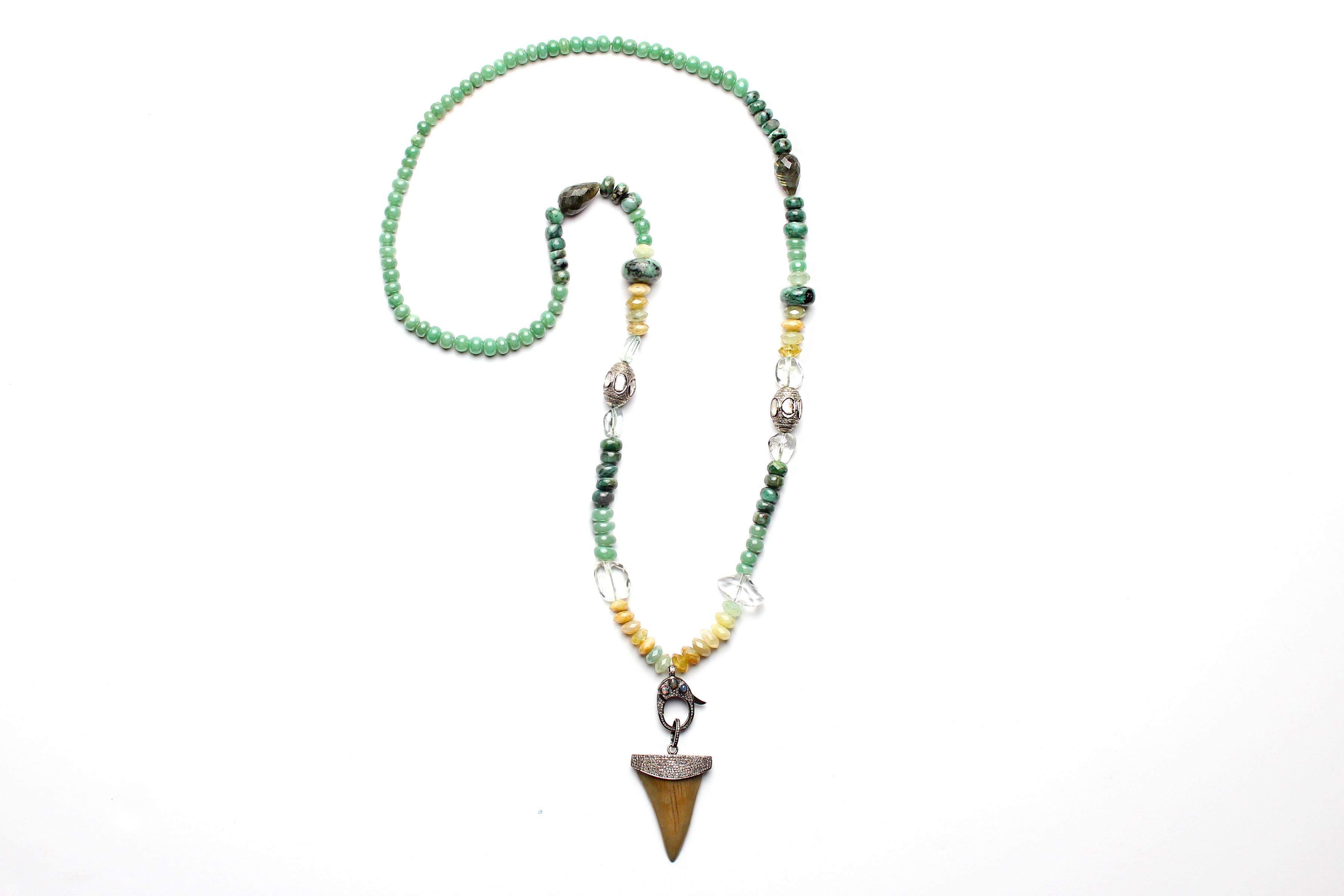 Contemporary CLARISSA BRONFMAN Multi Jade Moonstone Agate Opal Beaded Necklace & Diamond Horn For Sale
