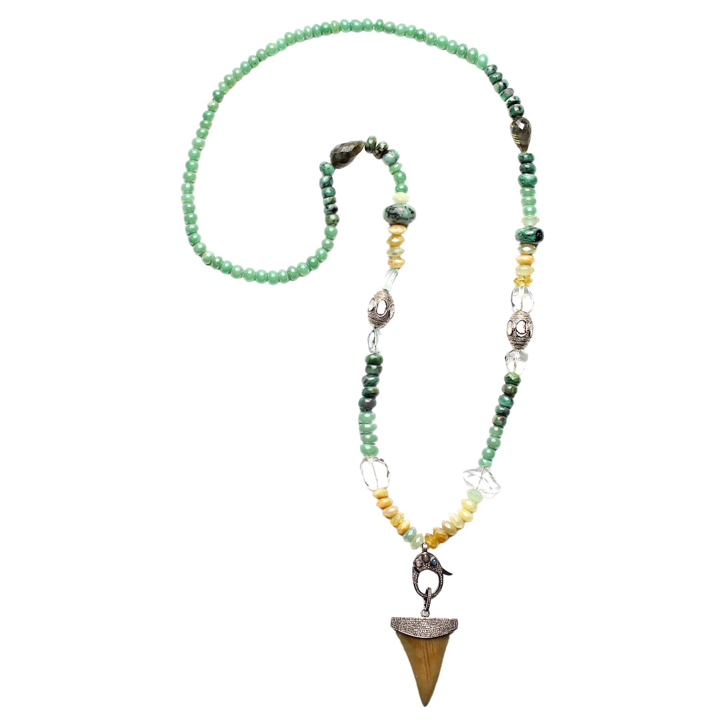 CLARISSA BRONFMAN Multi Jade Moonstone Agate Opal Beaded Necklace & Diamond Horn For Sale
