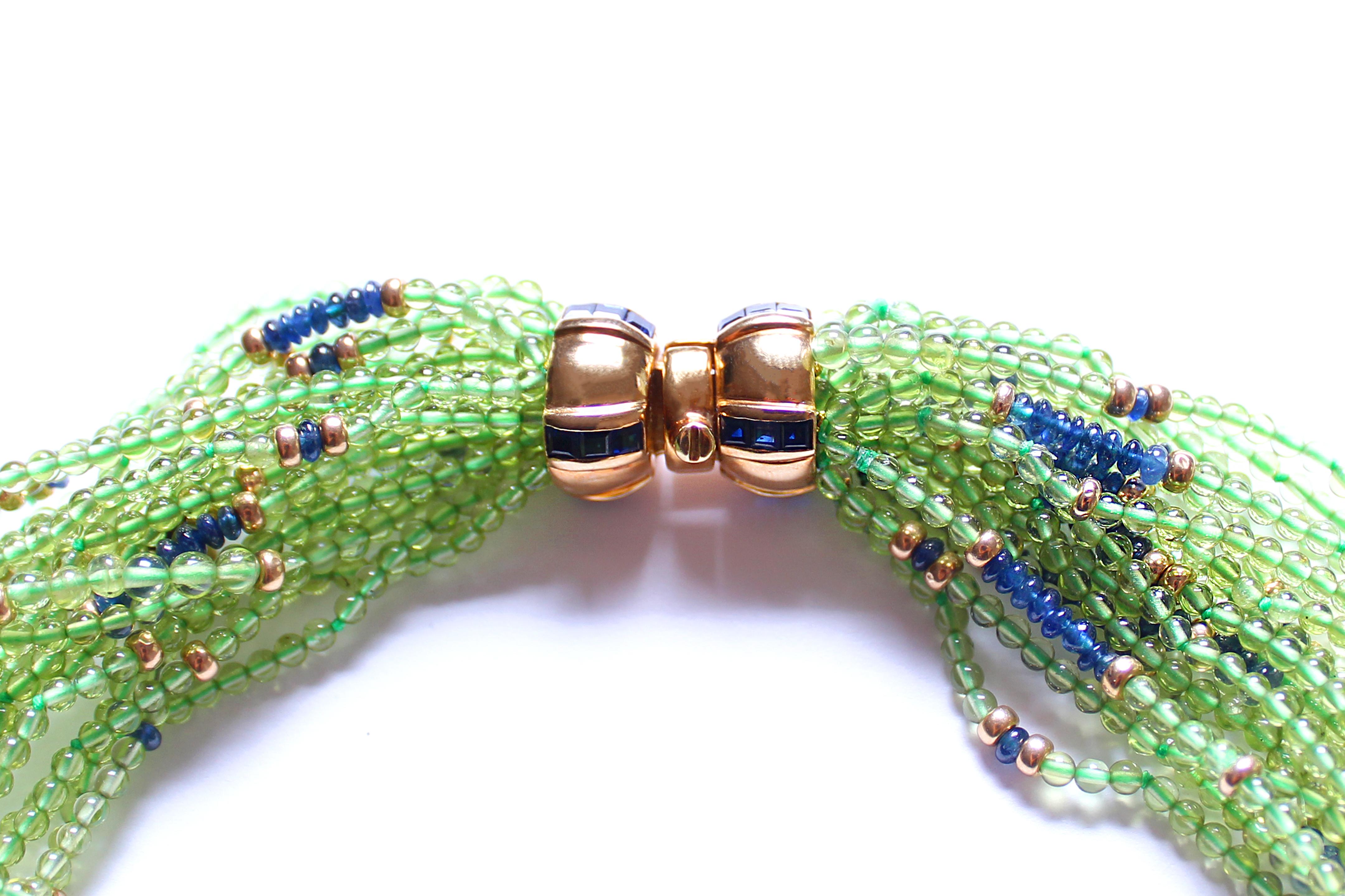 Contemporary Clarissa Bronfman Multi Strand Peridot Lapis 14k Gold Sapphire Beaded Necklace For Sale