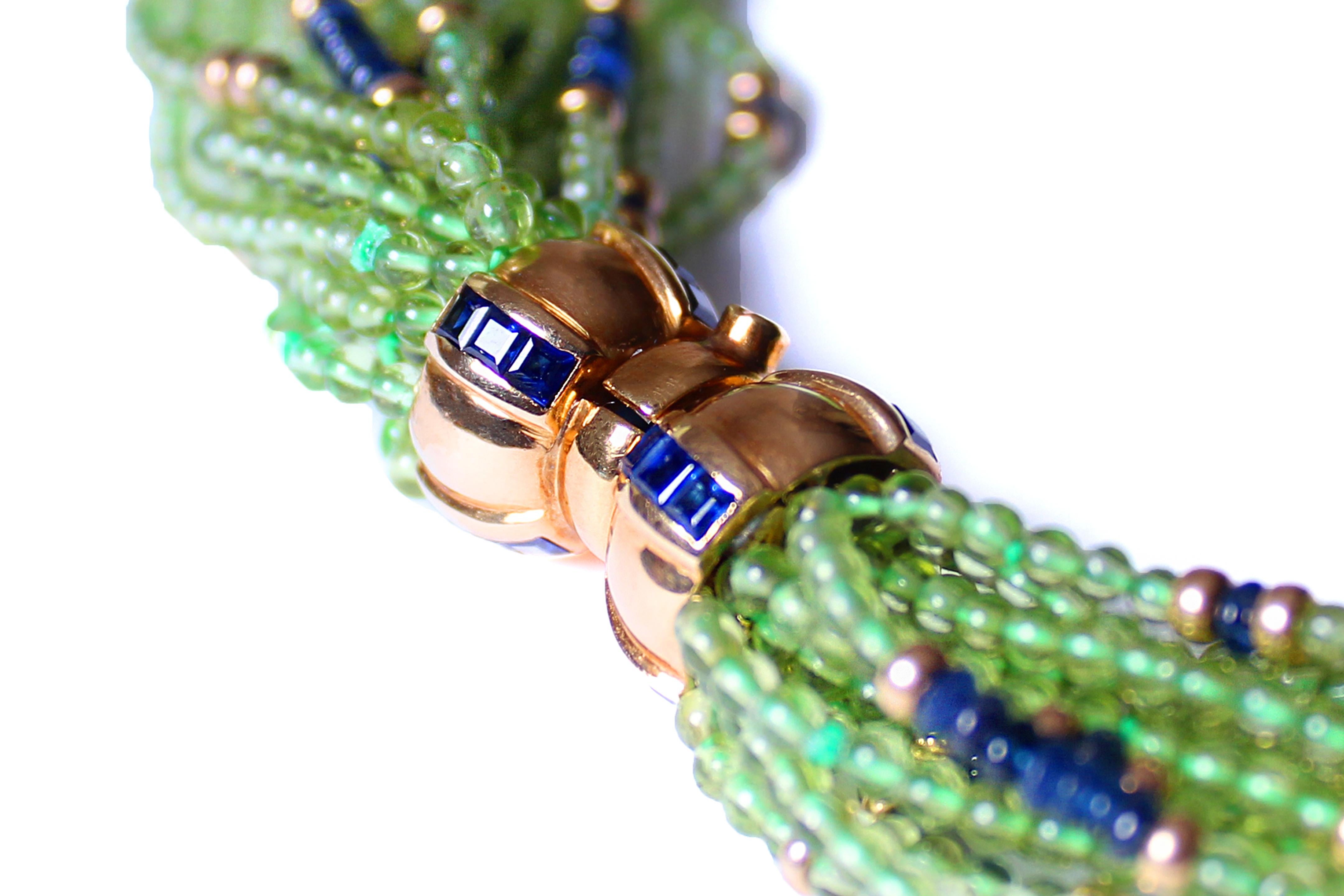 Mixed Cut Clarissa Bronfman Multi Strand Peridot Lapis 14k Gold Sapphire Beaded Necklace For Sale