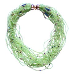 Clarissa Bronfman Multi Strand Peridot Lapis 14k Gold Sapphire Beaded Necklace