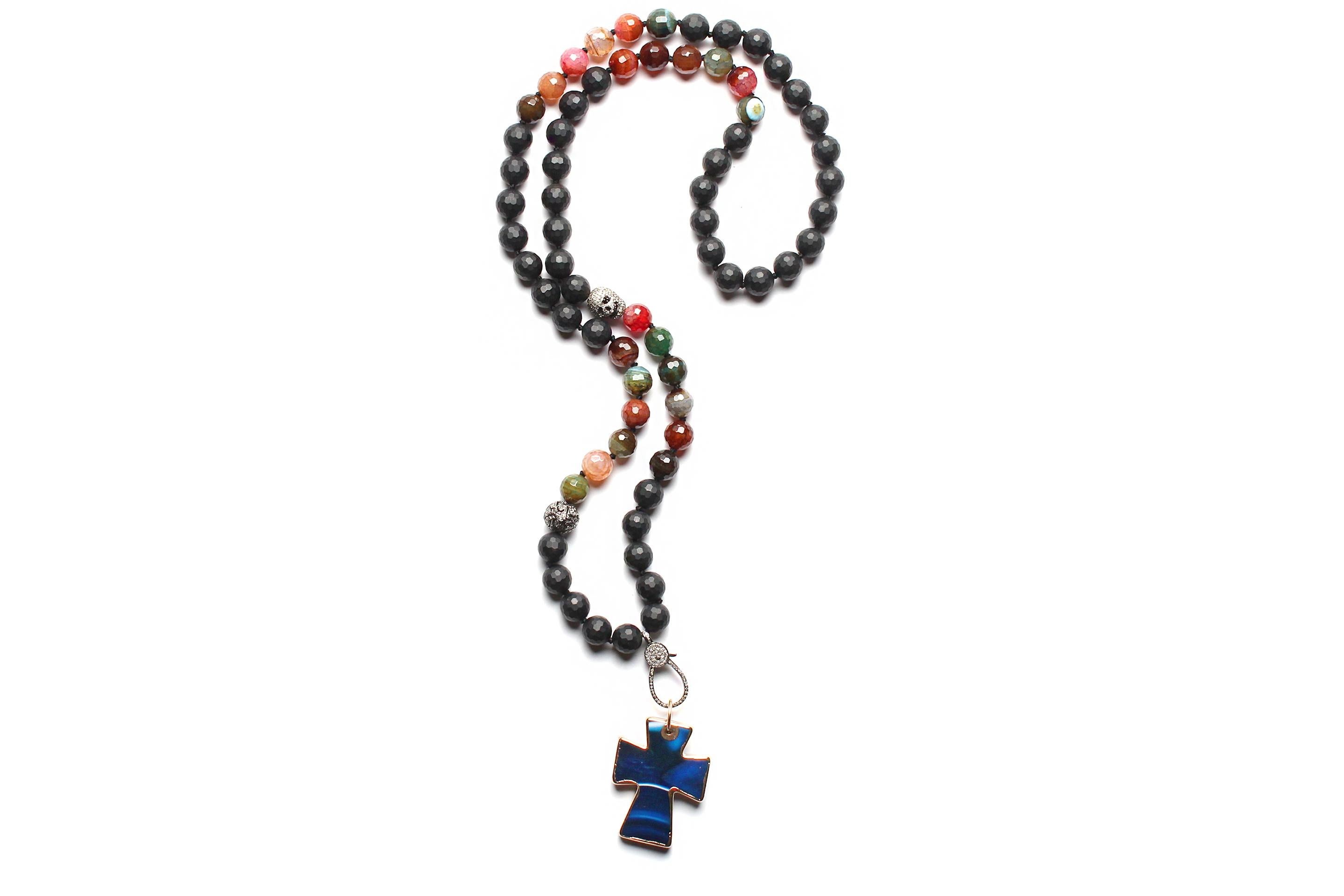 Mixed Cut CLARISSA BRONFMAN Onyx Agate Diamond Gold Beaded Necklace & Blue Agate Cross 