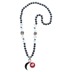 Clarissa Bronfman Onyx Crystal Diamond Enamel Heart Moon Pendant Beaded Necklace Clarissa Bronfman Onyx Crystal Diamond Enamel Heart Moon Pendant Beaded Necklace