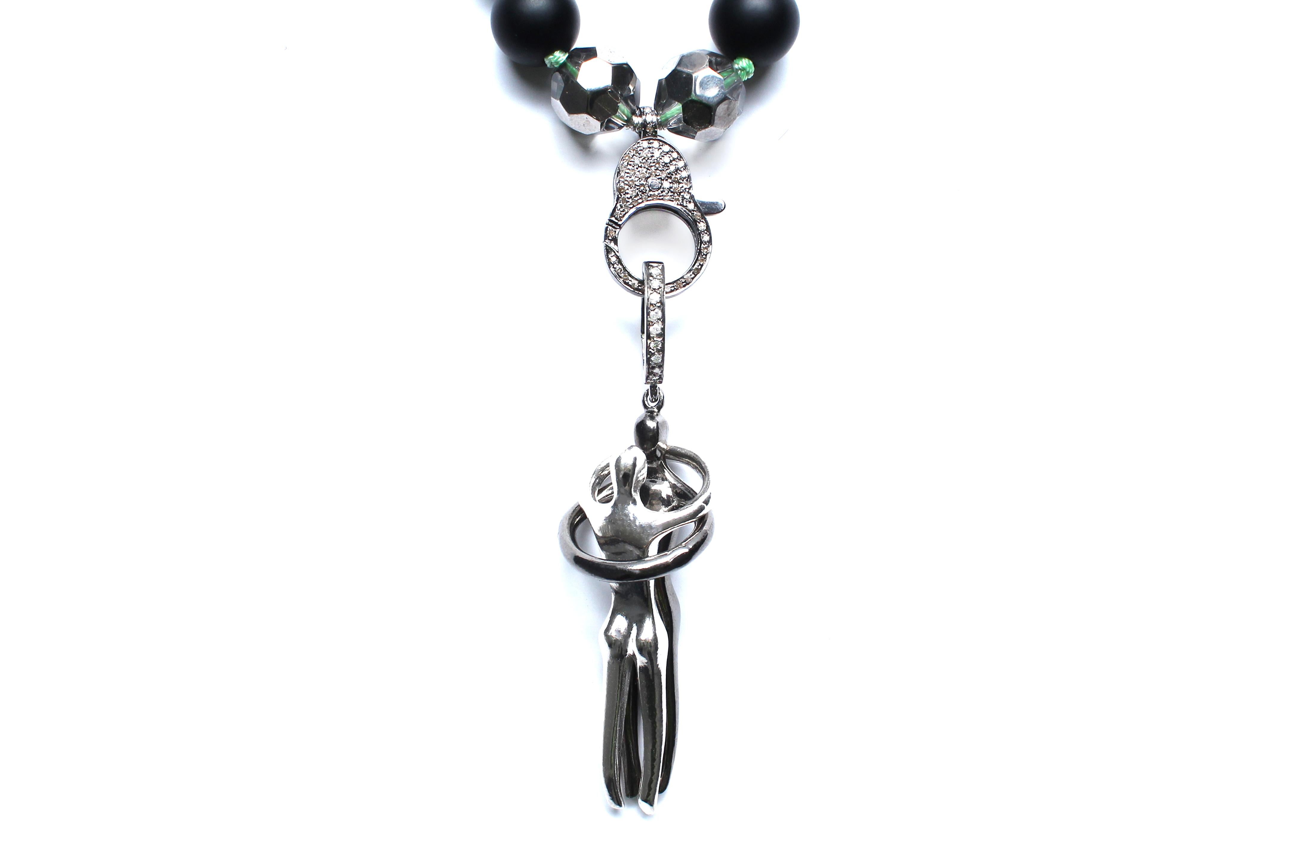 Contemporary Clarissa Bronfman Onyx, Crystal, Diamond, Silver Necklace with 'Embrace' Pendant