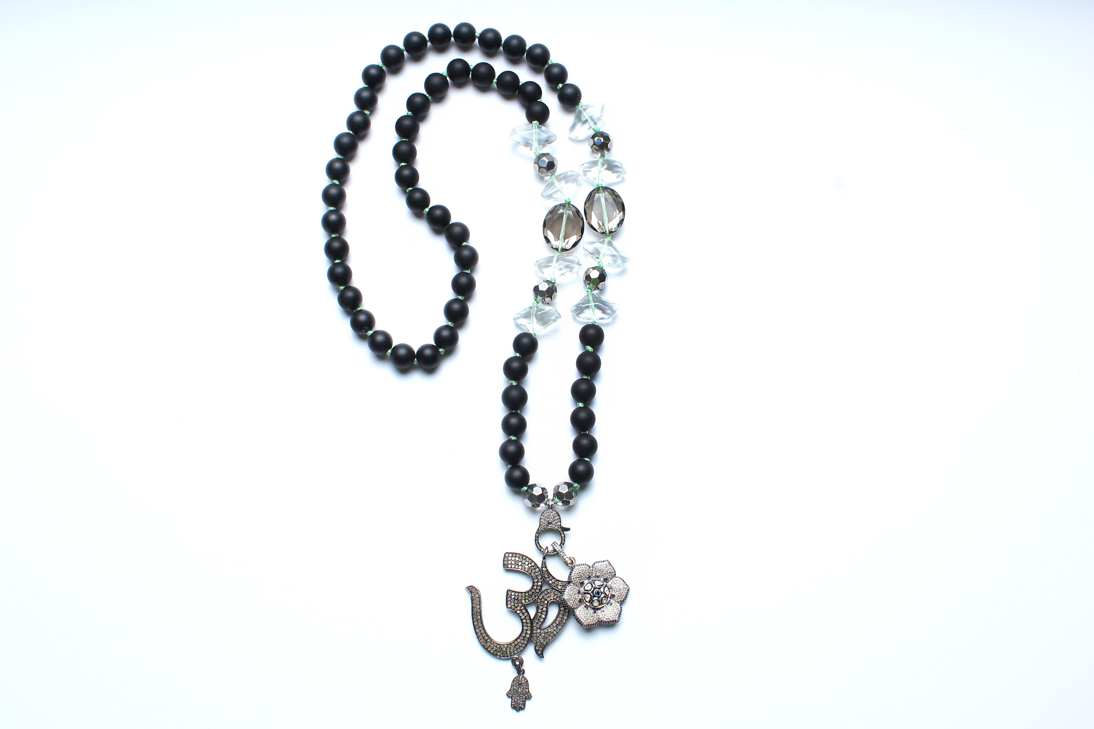 Contemporary Clarissa Bronfman Onyx, Crystal, Sapphire, Diamond Ohm Flower Beaded Necklace