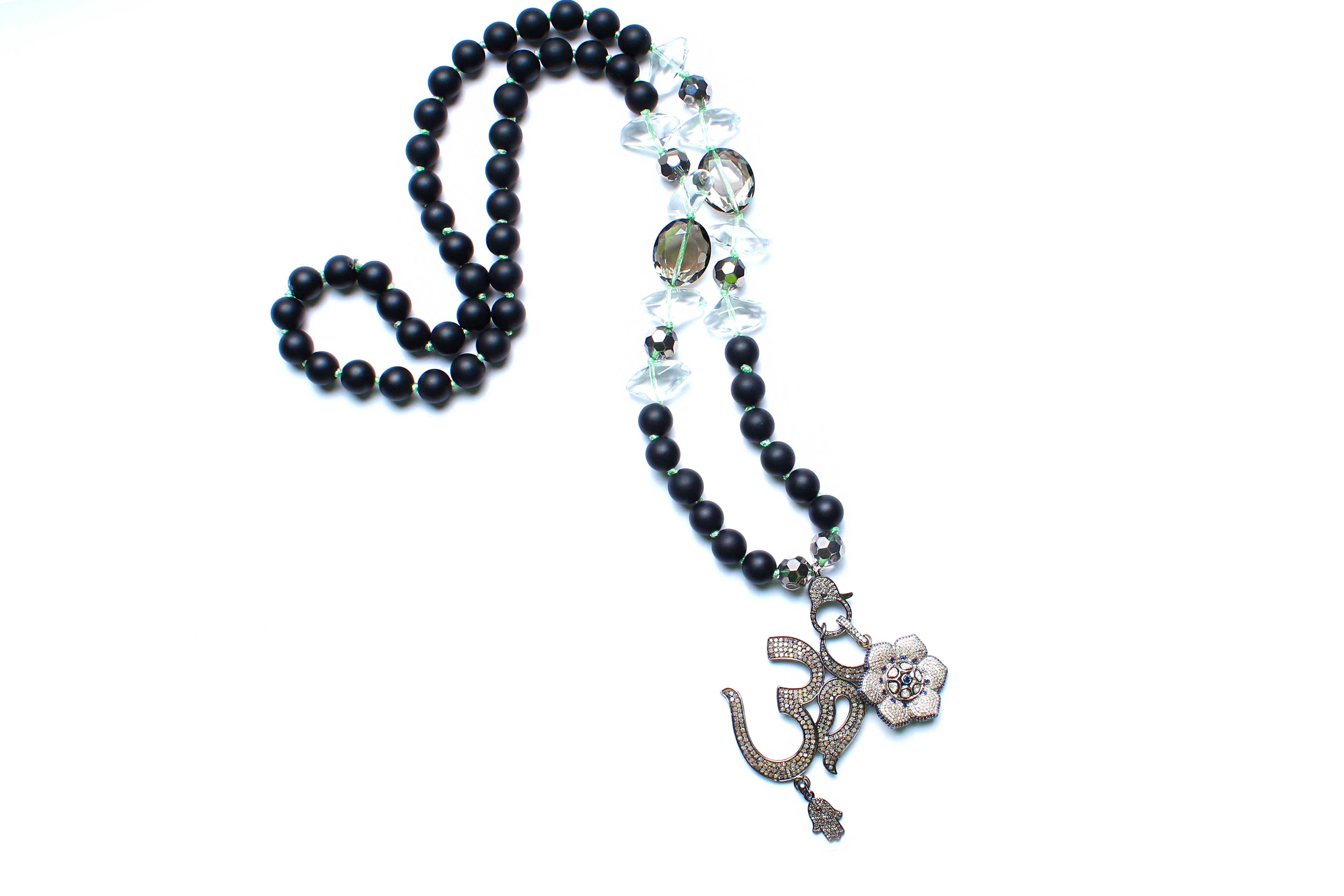 Clarissa Bronfman Onyx, Crystal, Sapphire, Diamond Ohm Flower Beaded Necklace In New Condition In New York, NY