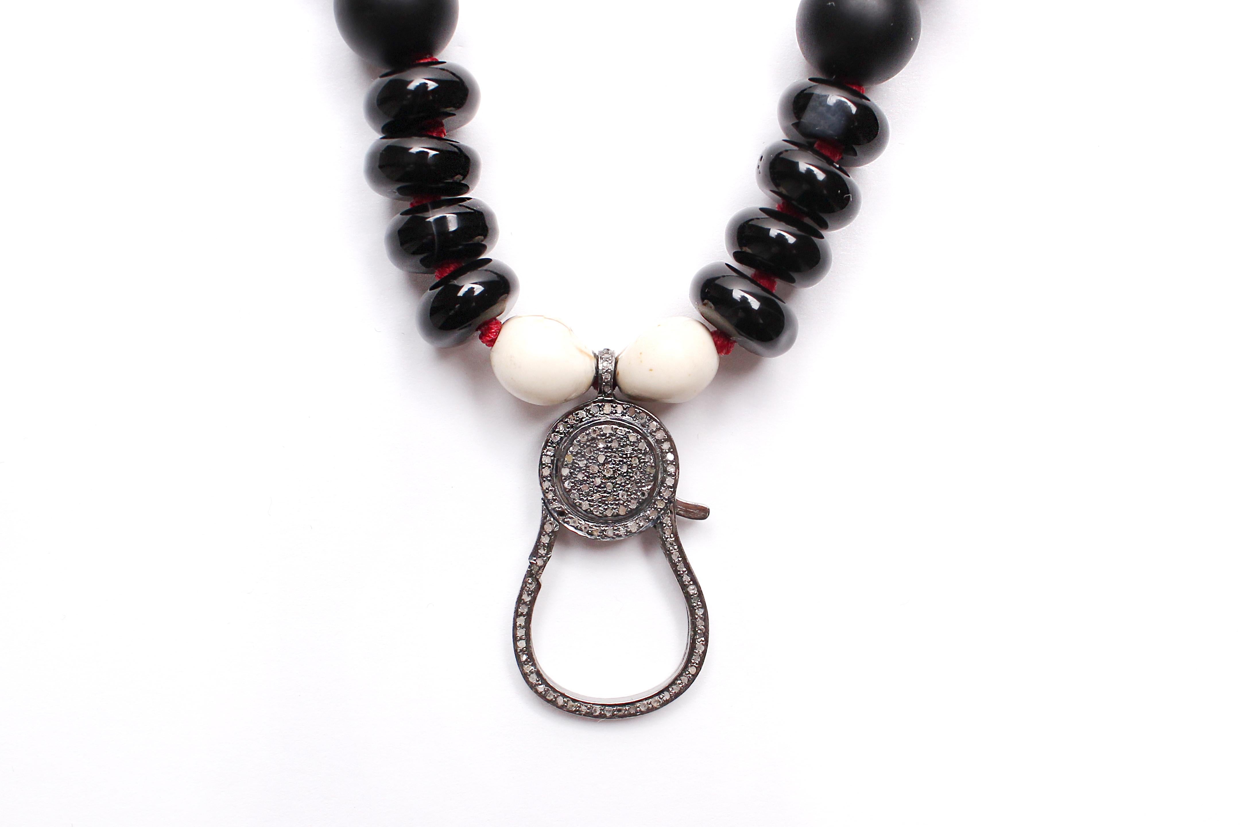 Women's or Men's Clarissa Bronfman Onyx Diamond Ebony Beaded Necklace & Ebony Ruby Hamsa Pendant For Sale