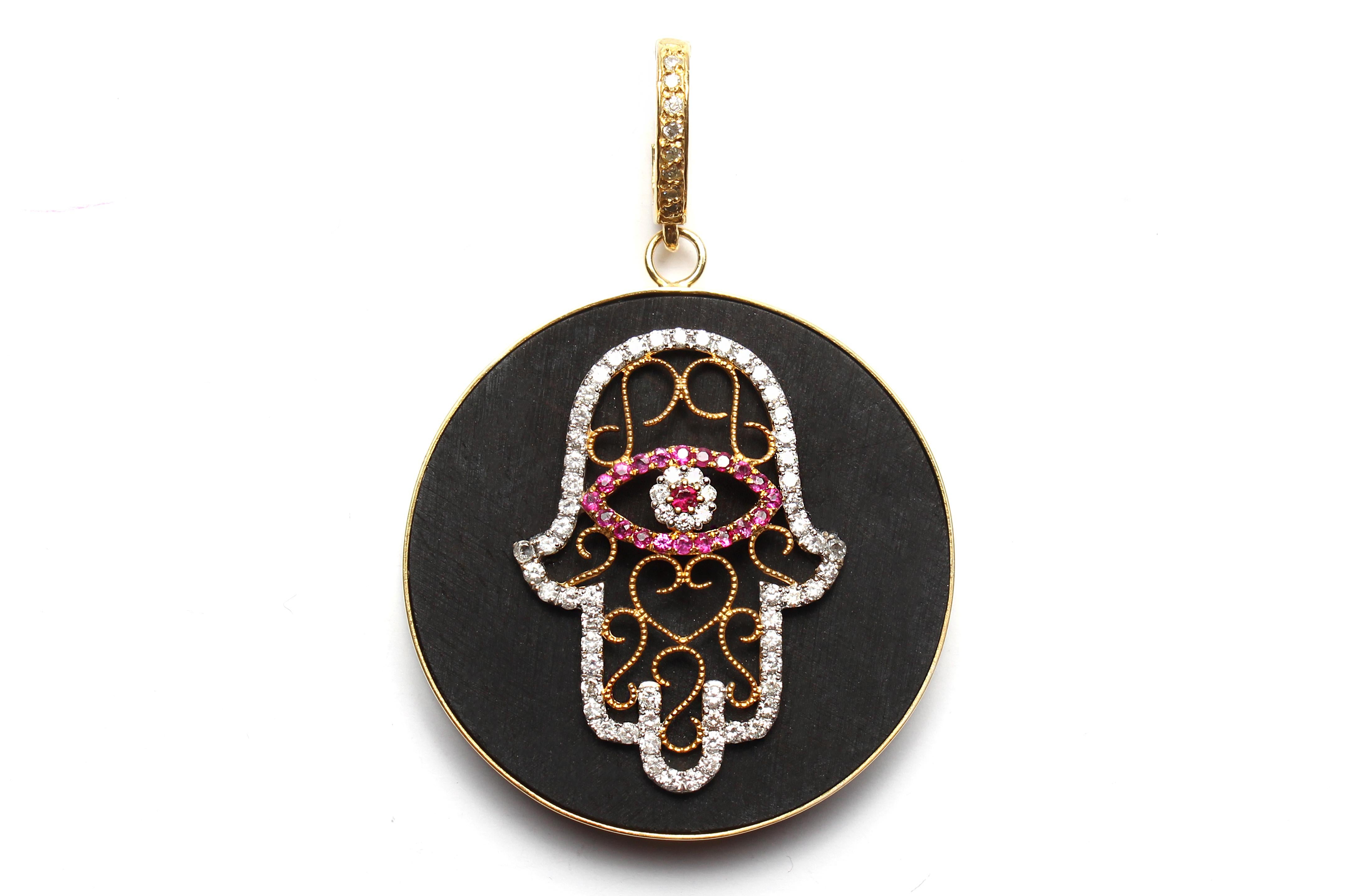 Clarissa Bronfman Onyx Diamond Ebony Beaded Necklace & Ebony Ruby Hamsa Pendant For Sale 2