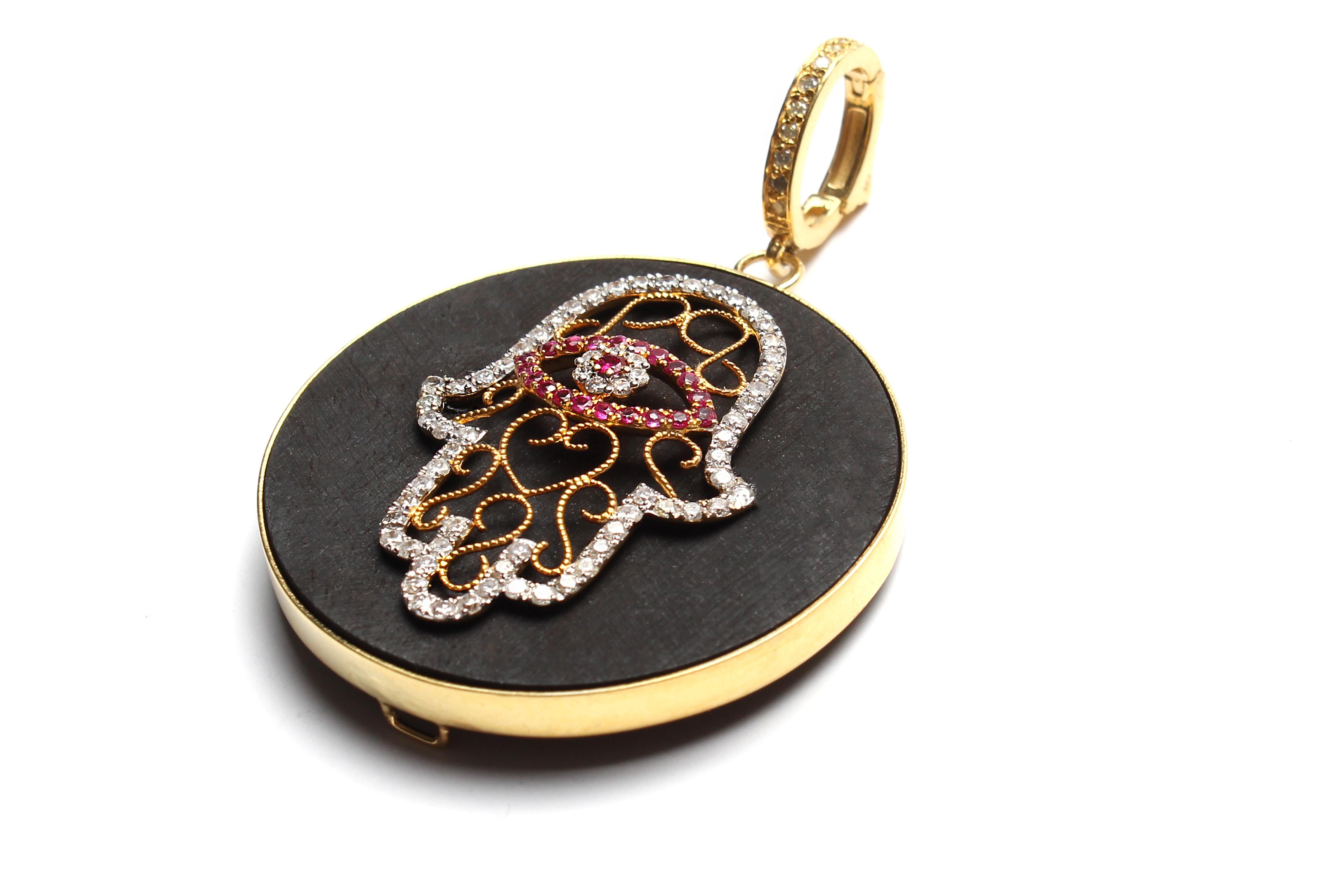 Clarissa Bronfman Onyx Diamond Ebony Beaded Necklace & Ebony Ruby Hamsa Pendant For Sale 3