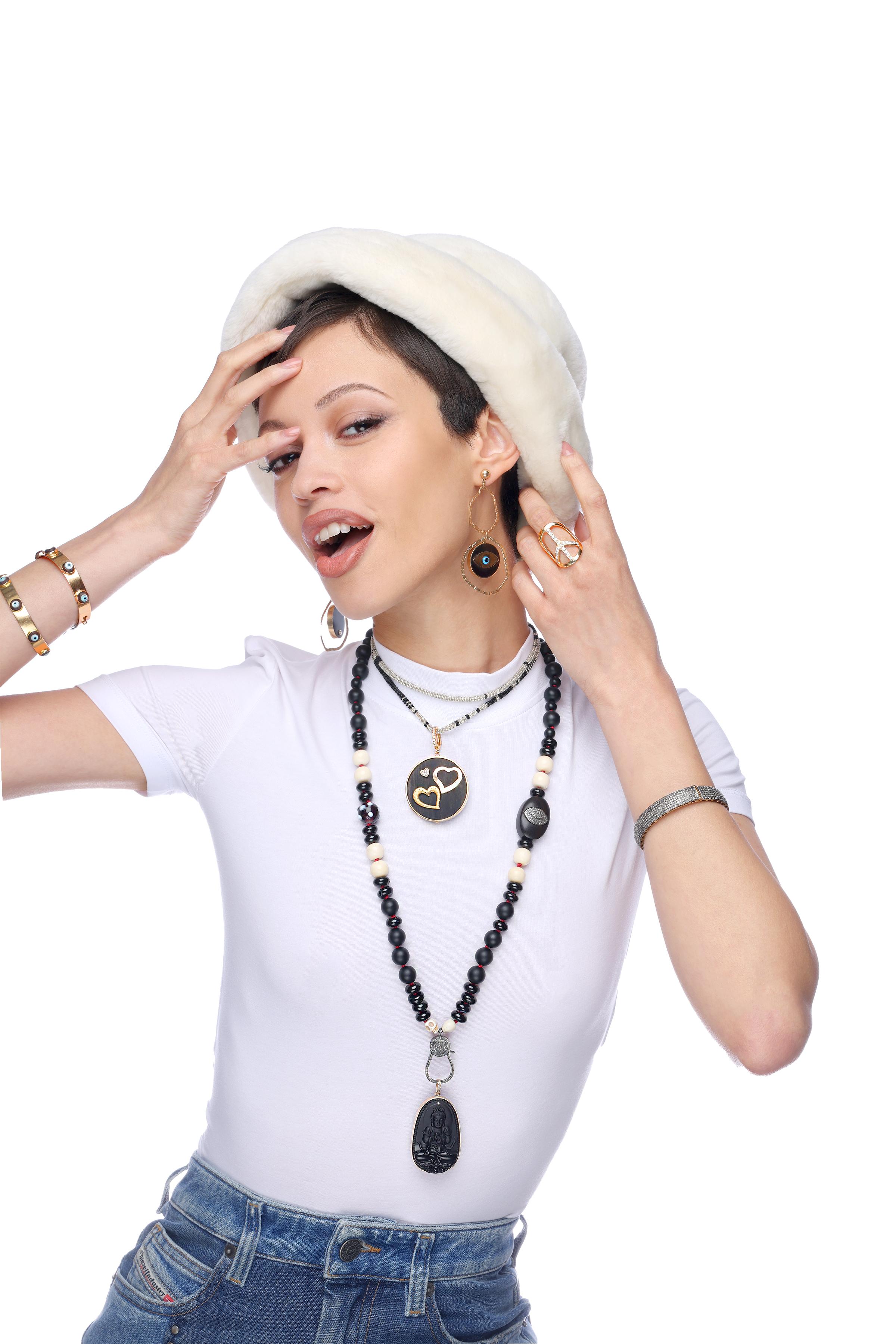 Contemporary Clarissa Bronfman Onyx Diamond Ebony Beaded Necklace & Ebony Ruby Hamsa Pendant For Sale