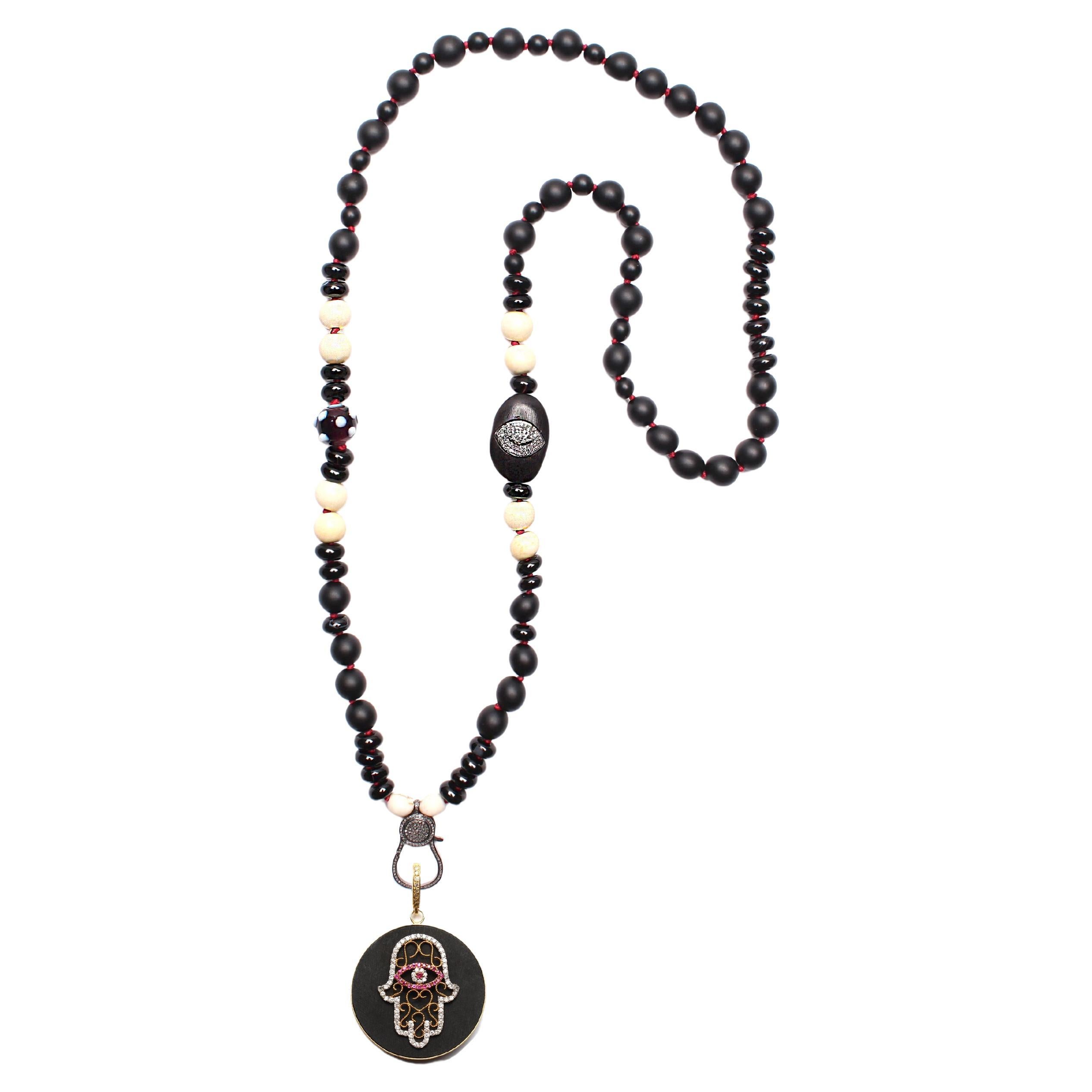 Clarissa Bronfman Onyx Diamond Ebony Beaded Necklace & Ebony Ruby Hamsa Pendant For Sale
