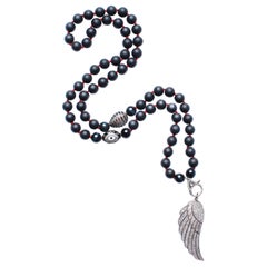 Clarissa Bronfman Onyx, Diamond, Enamel Red Threaded Angel Wing Pendant Necklace