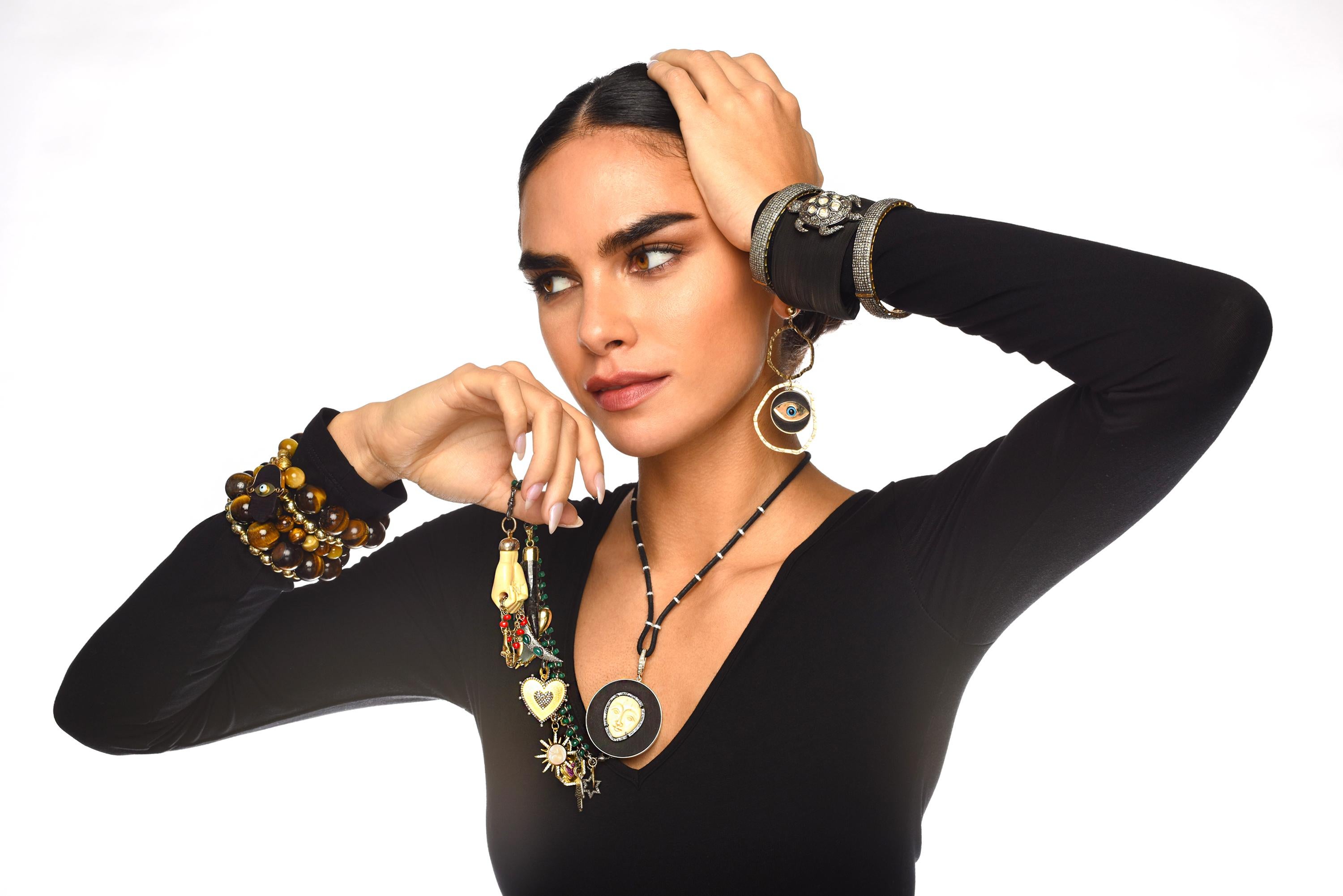 CLARISSA BRONFMAN Onyx Ebony Diamond Bone Moon Face Pendant Beaded Necklace For Sale 6