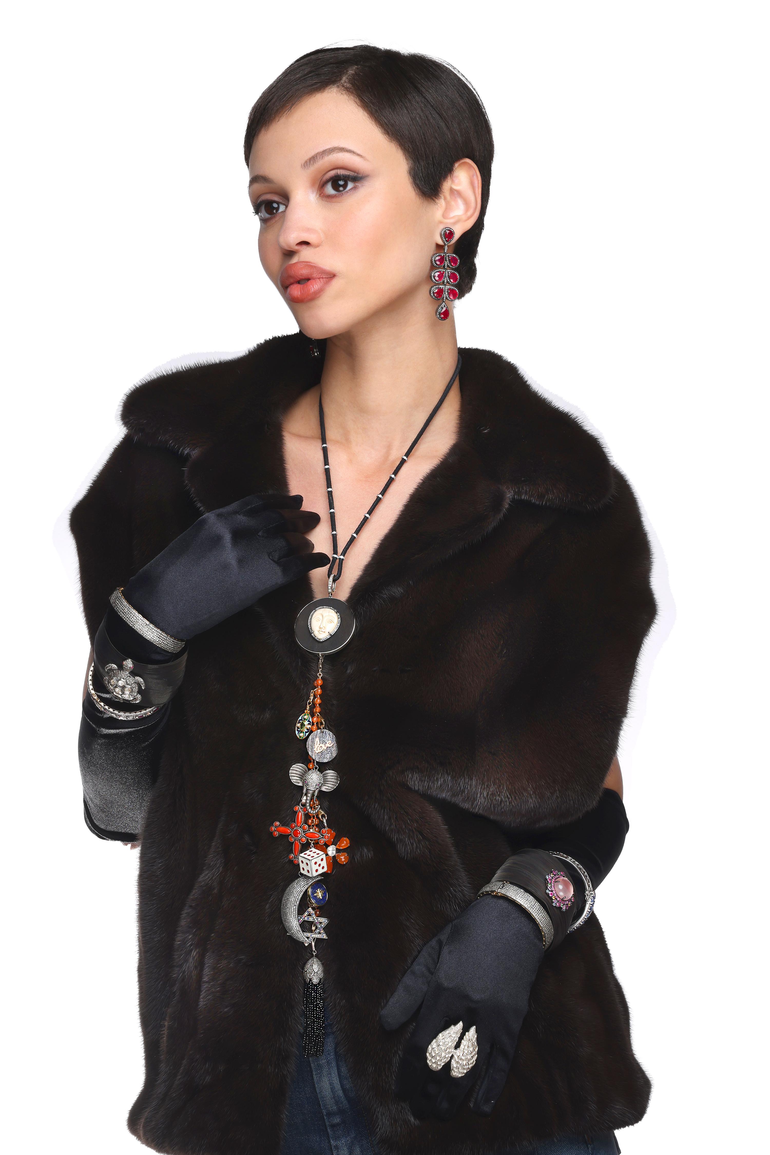 Contemporary CLARISSA BRONFMAN Onyx Ebony Diamond Bone Moon Face Pendant Beaded Necklace For Sale