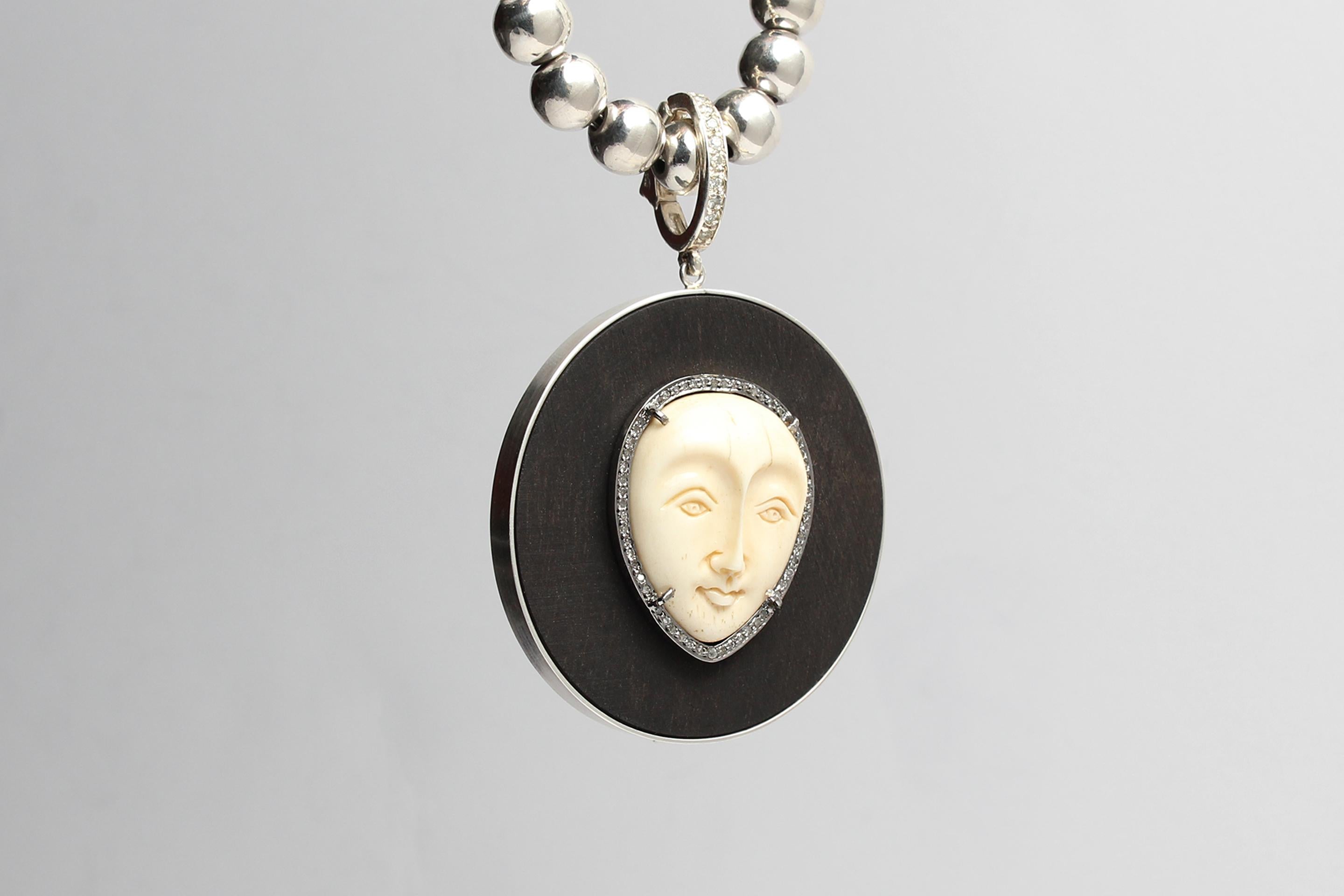 CLARISSA BRONFMAN Onyx Ebony Diamond Bone Moon Face Pendant Beaded Necklace For Sale 1
