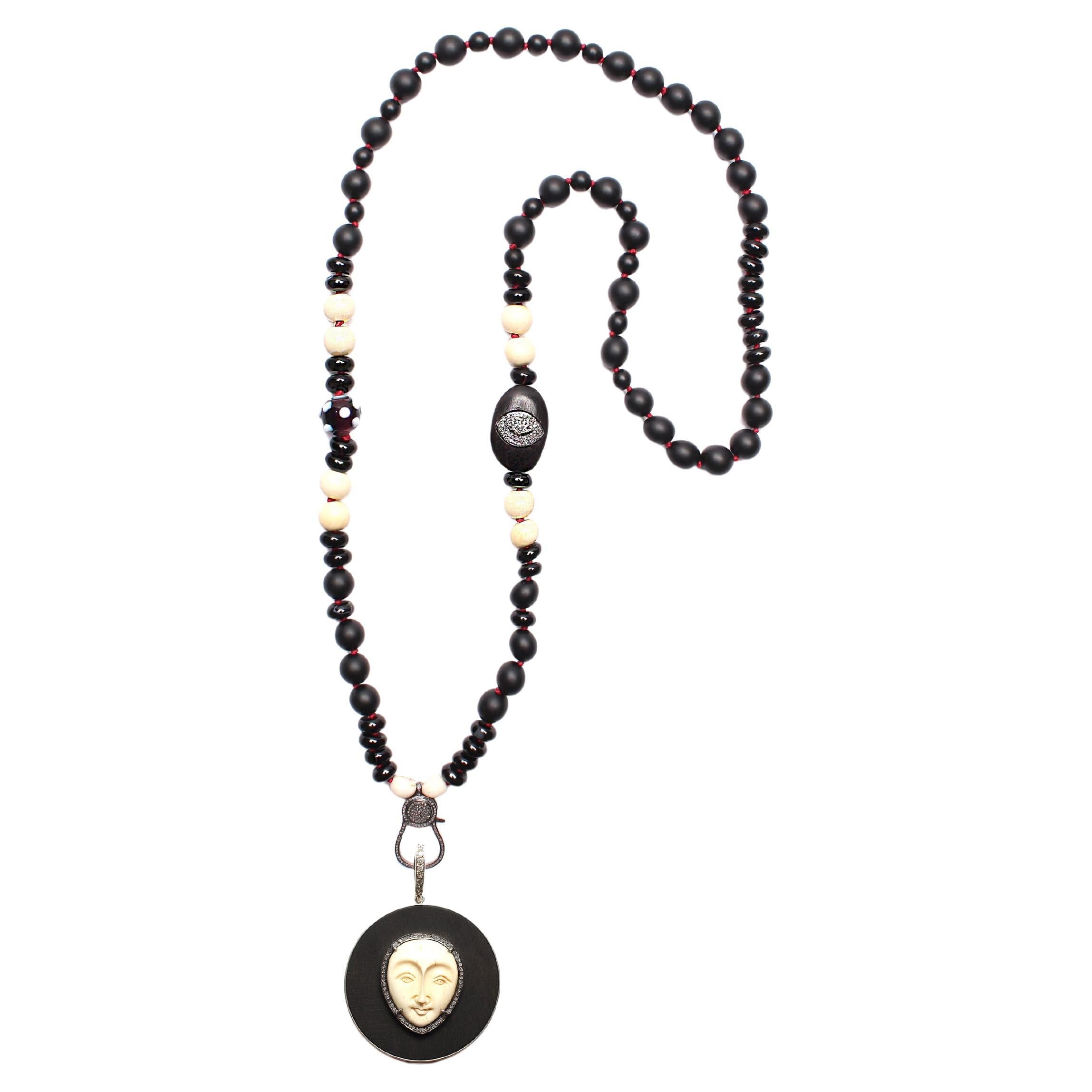 CLARISSA BRONFMAN Onyx Ebony Diamond Bone Moon Face Pendant Beaded Necklace