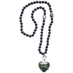 Clarissa Bronfman Onyx, Red Thread, Enamel, Diamond, Jade Heart Beaded Necklace