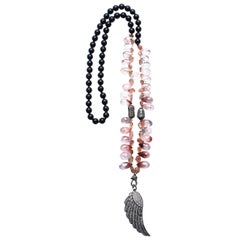 Clarissa Bronfman Onyx, Rubellite, Diamond, Silver Angel Wing Necklace