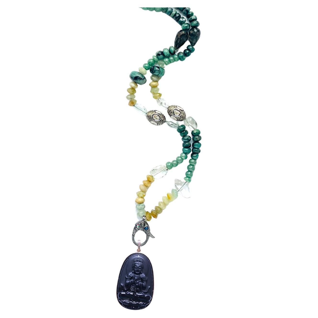 Clarissa Bronfman Opal Jade Moonstone Diamond 14k Gold Buddha Beaded Necklace For Sale