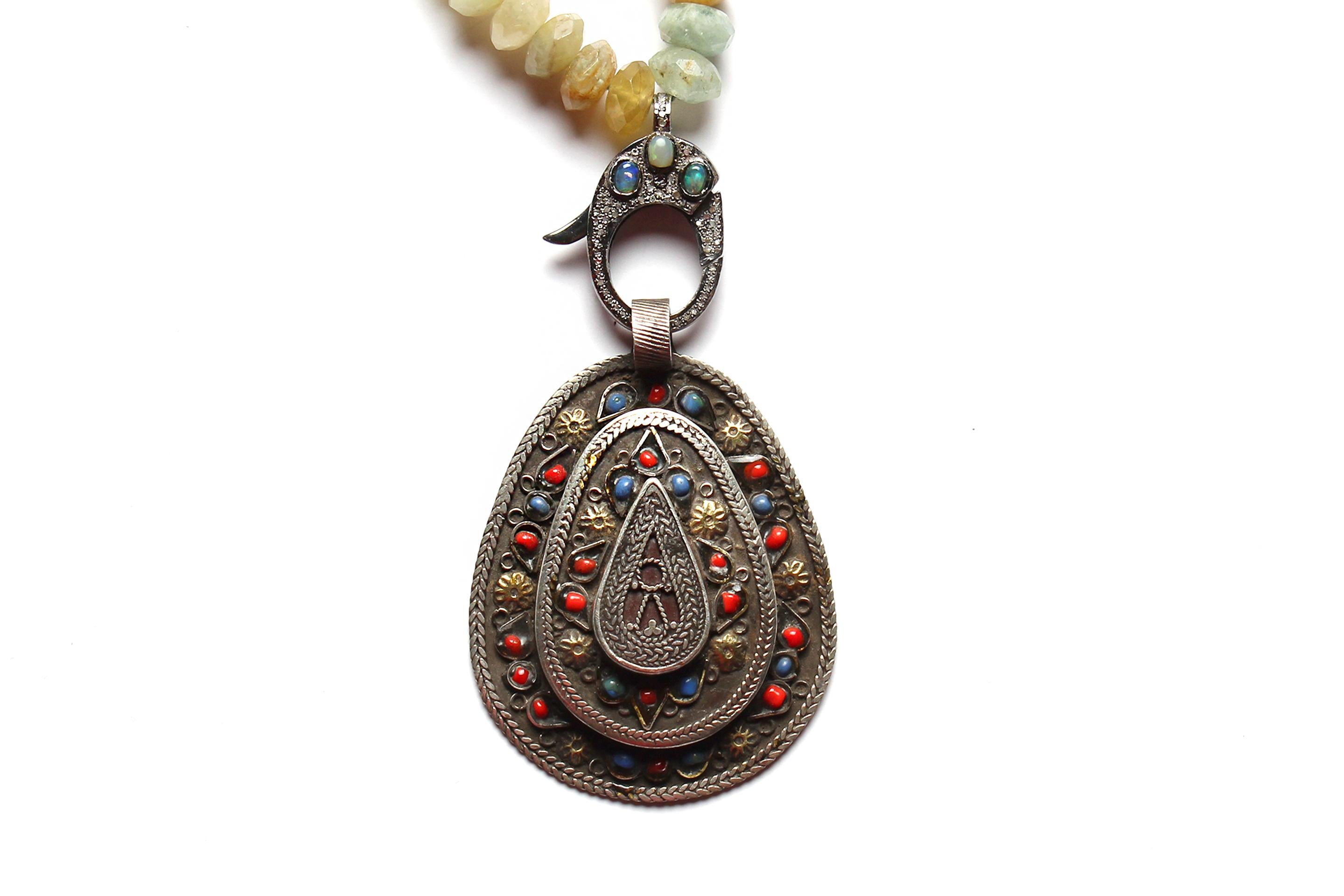 Mixed Cut Clarissa Bronfman Opal Jade Moonstone Diamond Antique Moroccan Pendant Necklace