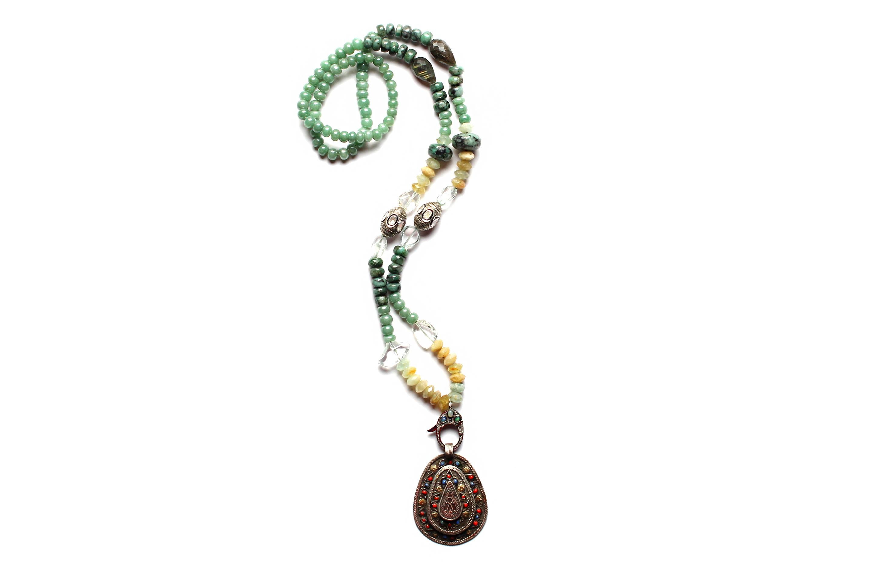 Clarissa Bronfman Opal Jade Moonstone Diamond Antique Moroccan Pendant Necklace In New Condition In New York, NY