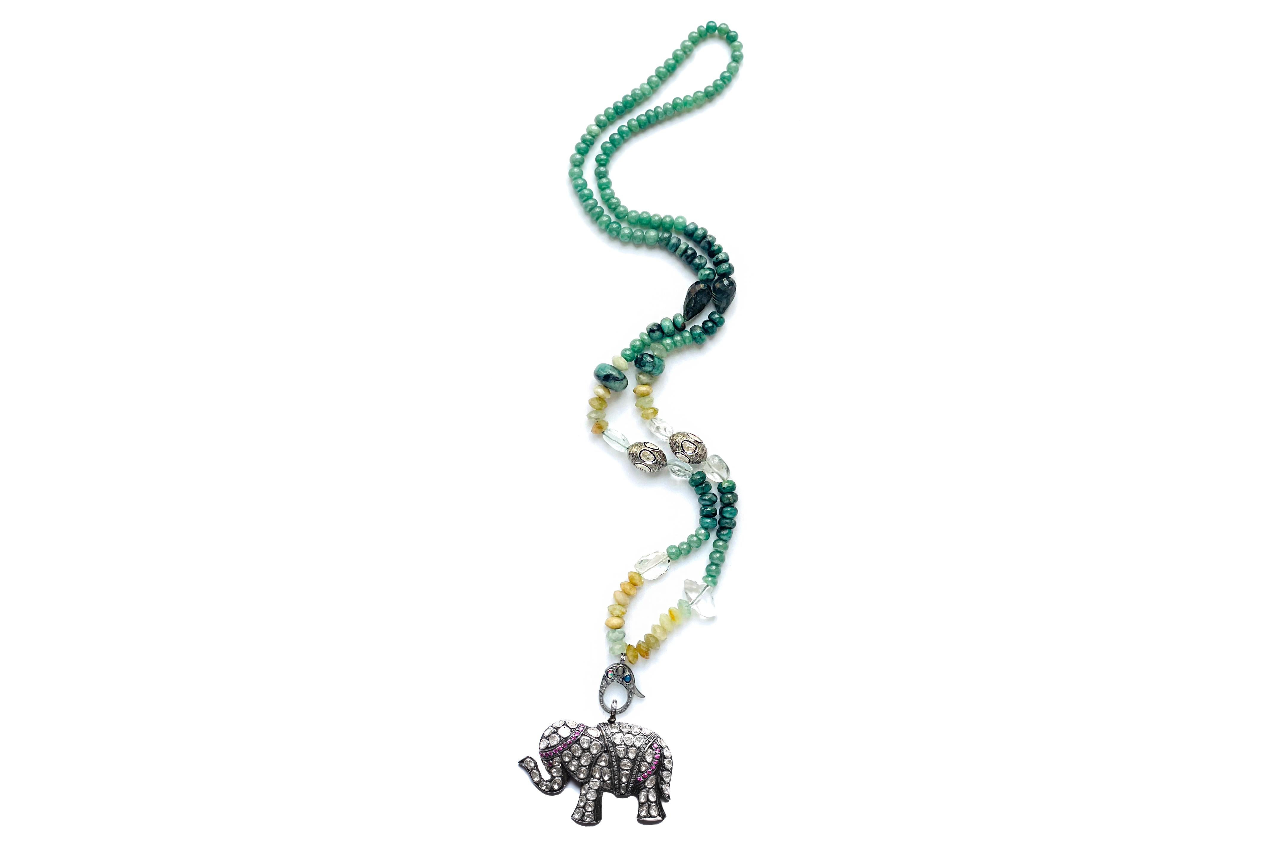 Clarissa Bronfman Opal Jade Moonstone Diamond Ruby Diamond Elephant Necklace In New Condition In New York, NY