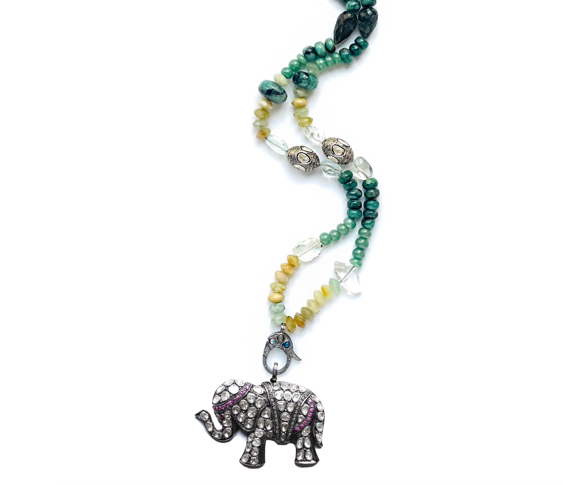 Clarissa Bronfman Opal Jade Moonstone Diamond Ruby Diamond Elephant Necklace For Sale 1