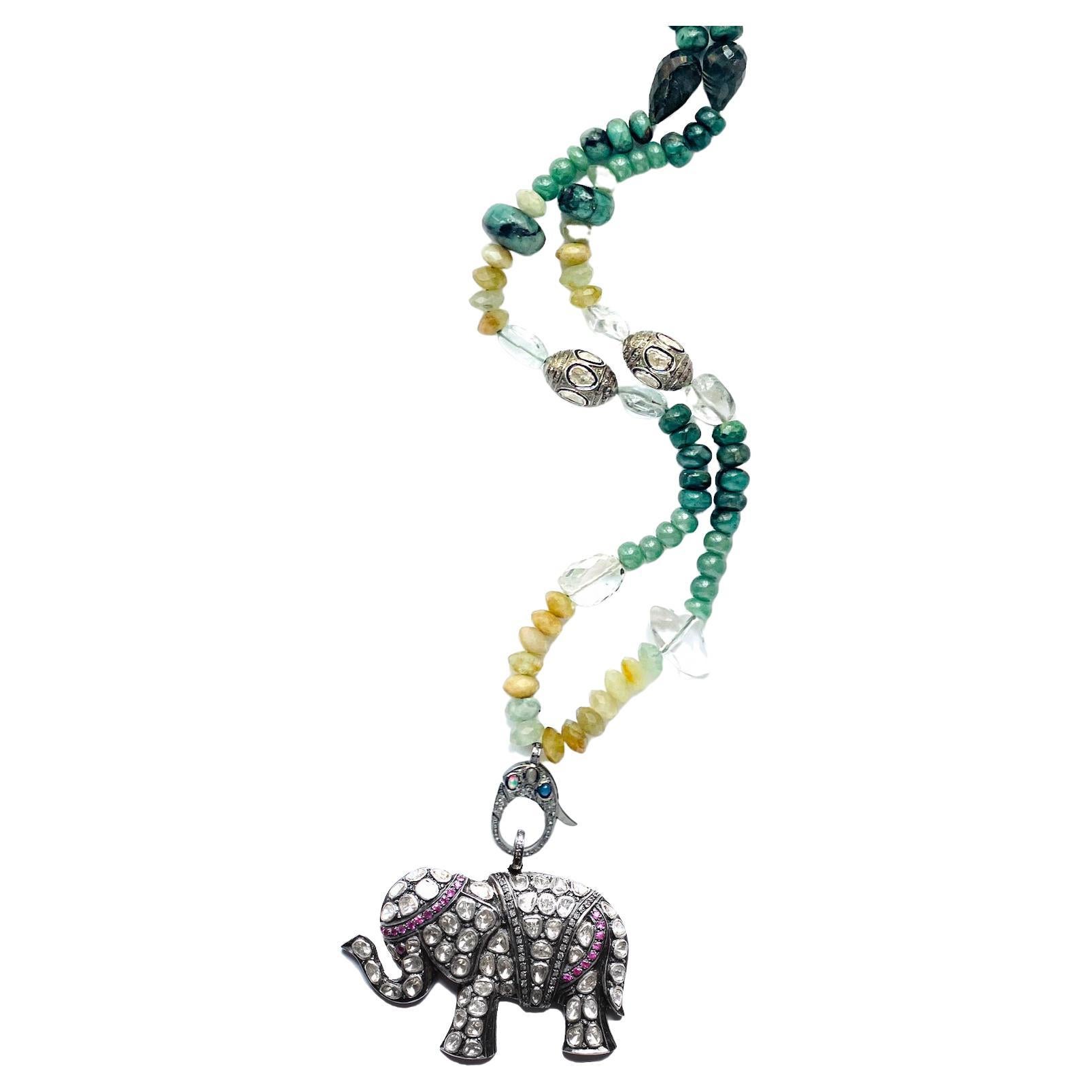 Clarissa Bronfman Opal Jade Moonstone Diamond Ruby Diamond Elephant Necklace For Sale