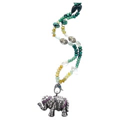 Clarissa Bronfman Opal Jade Moonstone Diamond Ruby Diamond Elephant Necklace