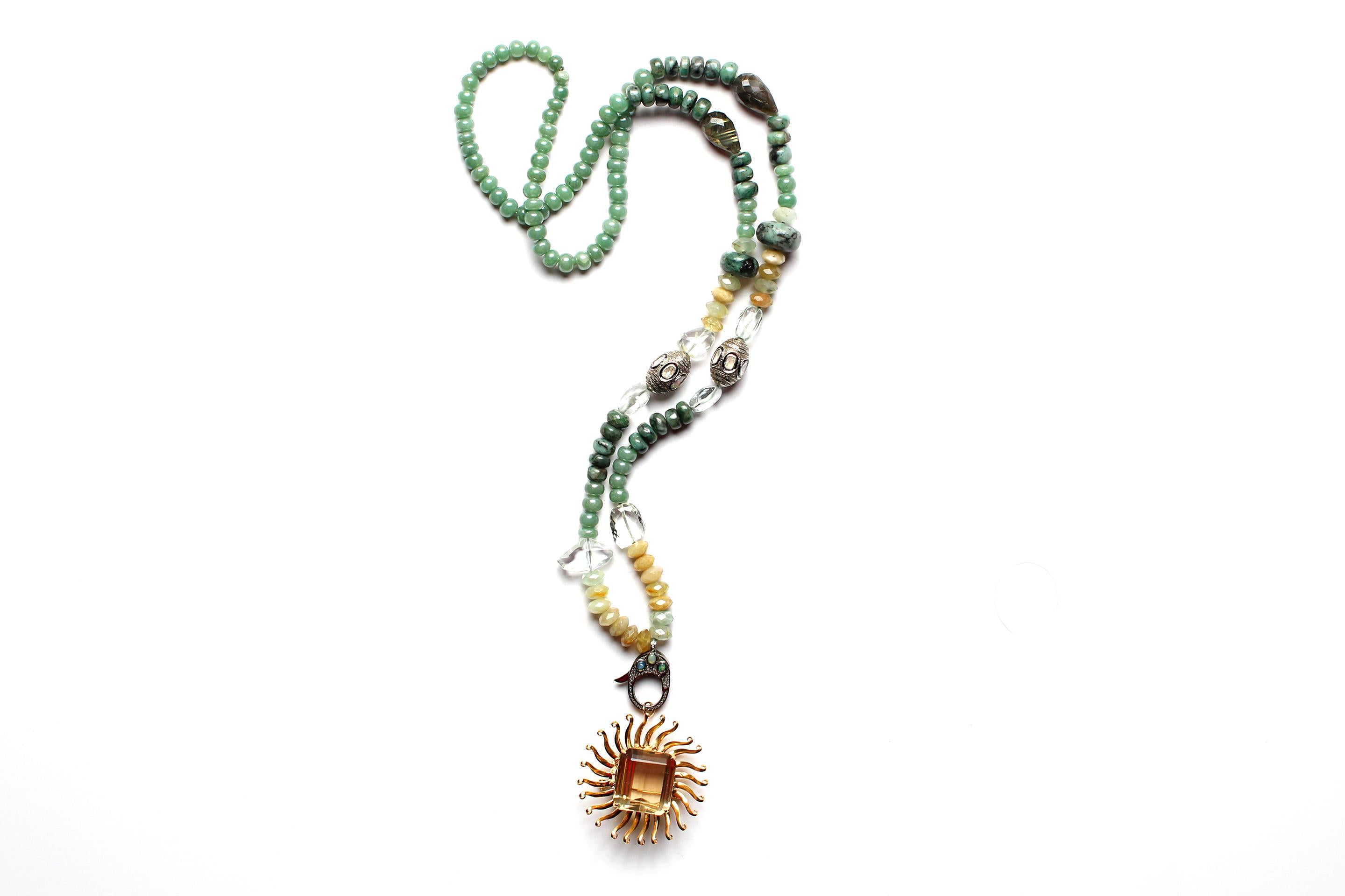 Women's or Men's Clarissa Bronfman Opal Jade Moonstone Diamondcitrine Sun Pendant Beaded Necklace For Sale
