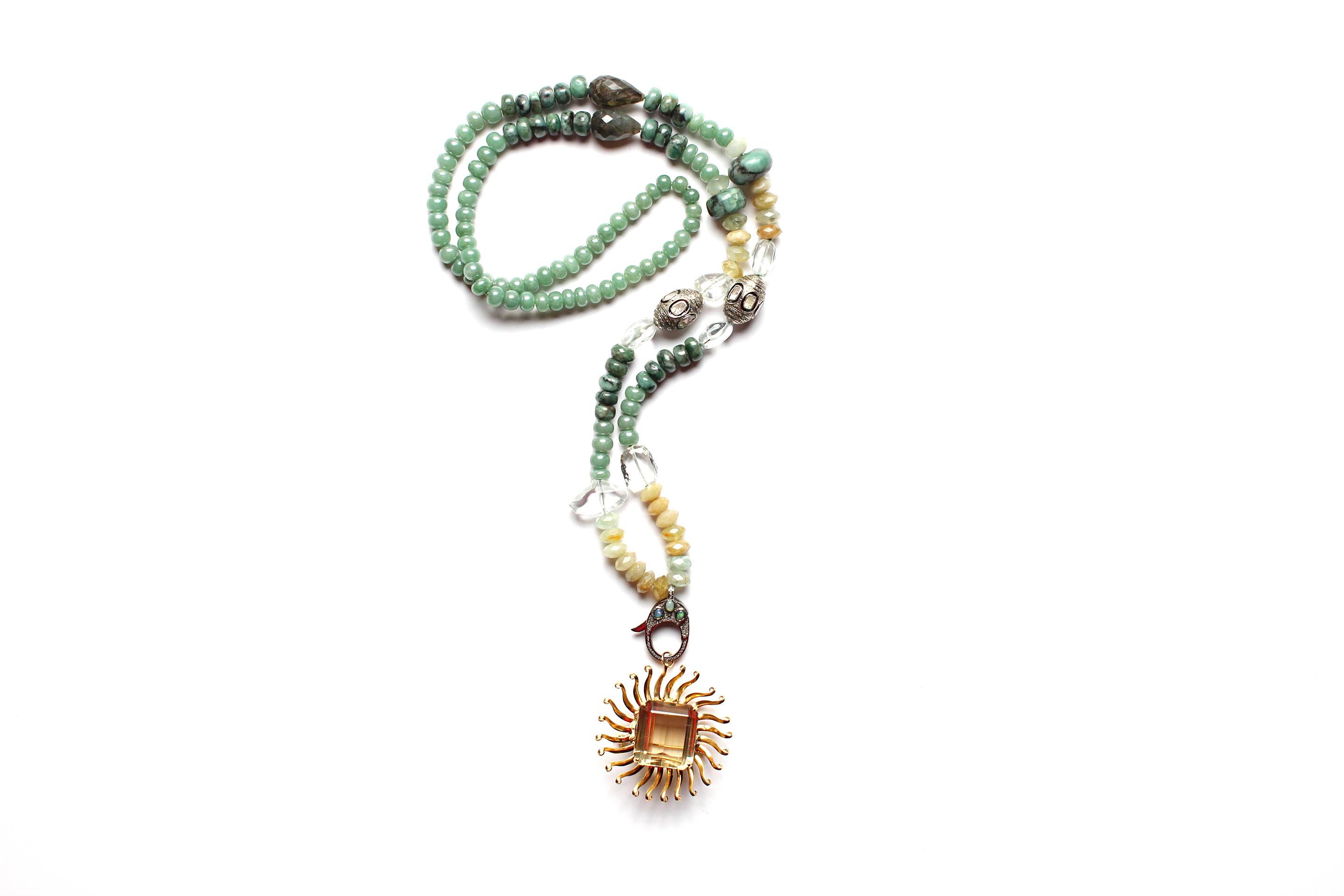 Clarissa Bronfman Opal Jade Moonstone Diamondcitrine Sun Pendant Beaded Necklace For Sale 3