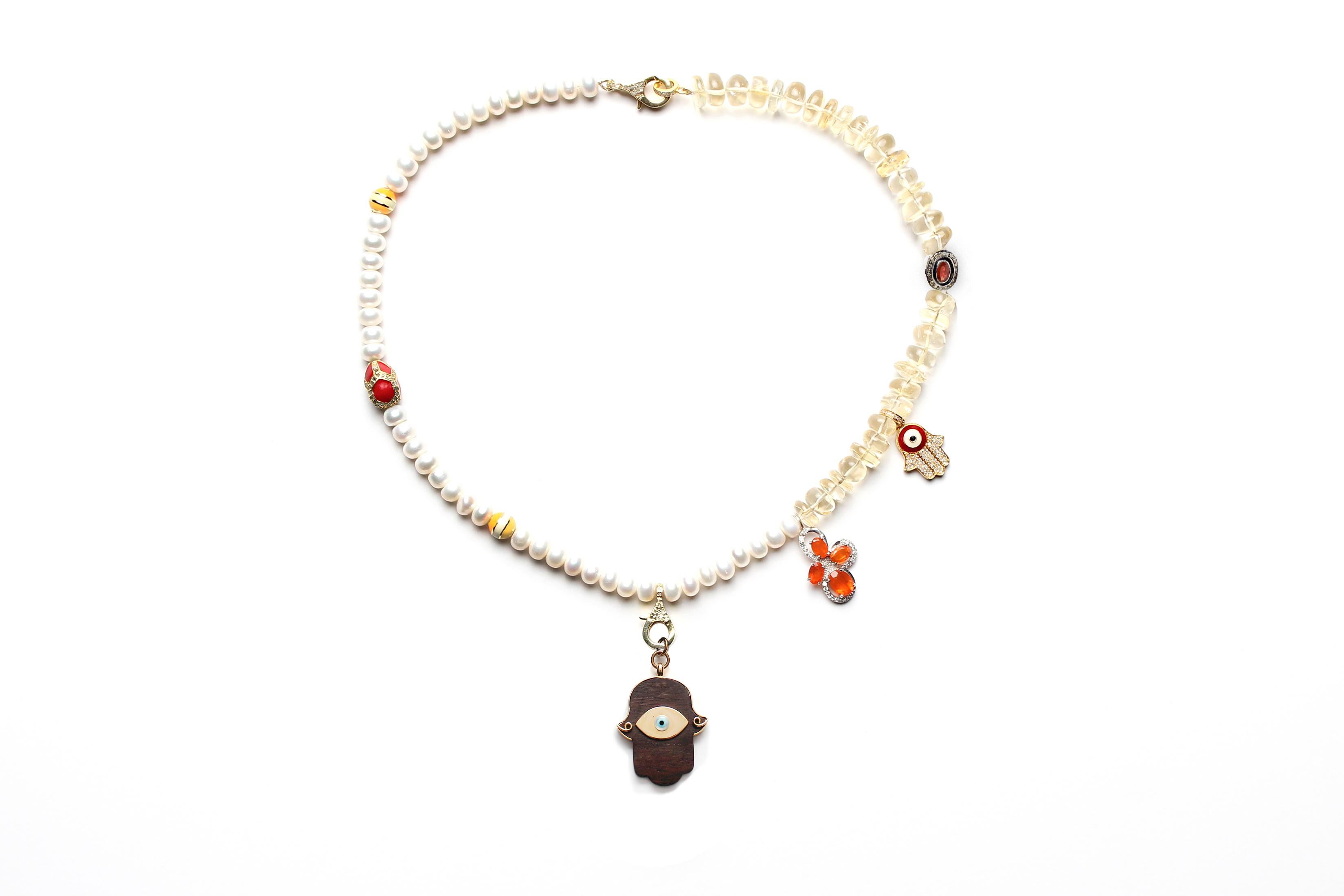 Mixed Cut CLARISSA BRONFMAN Pearl Quartz Carnelian Diamond Ruby Ebony Hamsa Hand Necklace For Sale