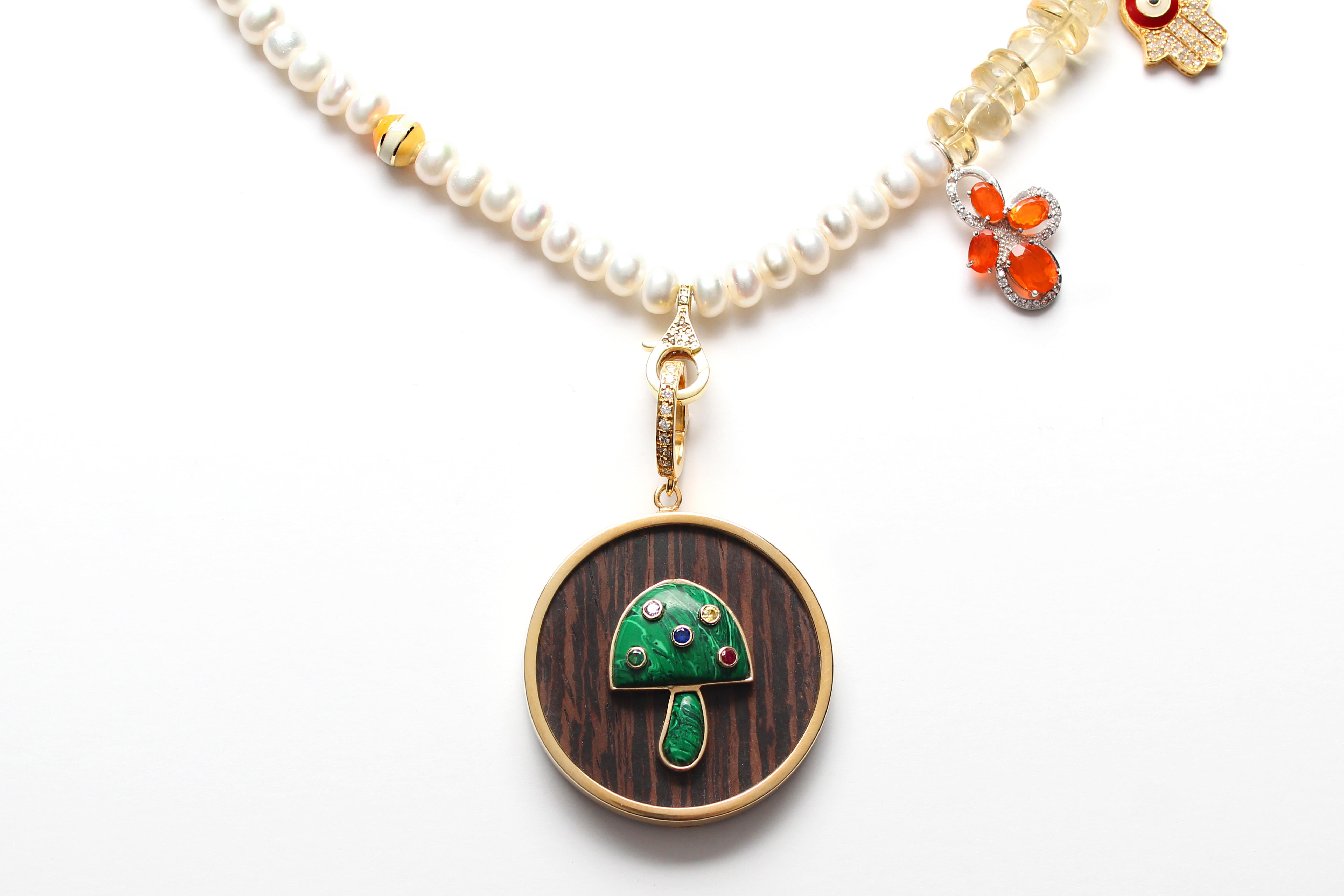 Women's or Men's CLARISSA BRONFMAN Pearl Quartz Diamond Ruby Necklace & Ebony Malachite Mushroom For Sale
