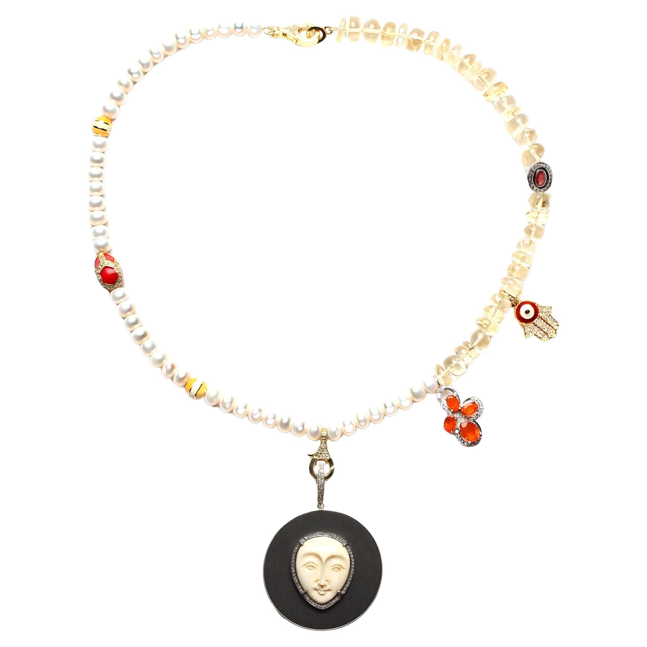 CLARISSA BRONFMAN Pearl Quartz Gold Diamond Asymmetrical Necklace Ebony Pendant For Sale