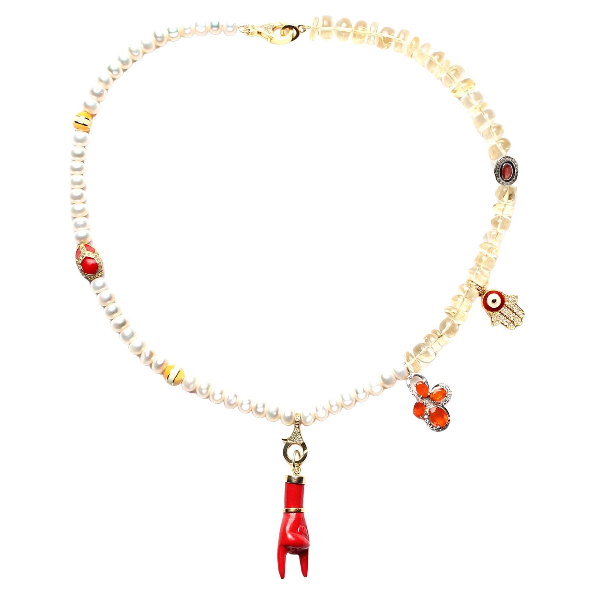 CLARISSA BRONFMAN Pearl Quartz Ruby Diamond Asymmetrical Necklace & Figo Mano